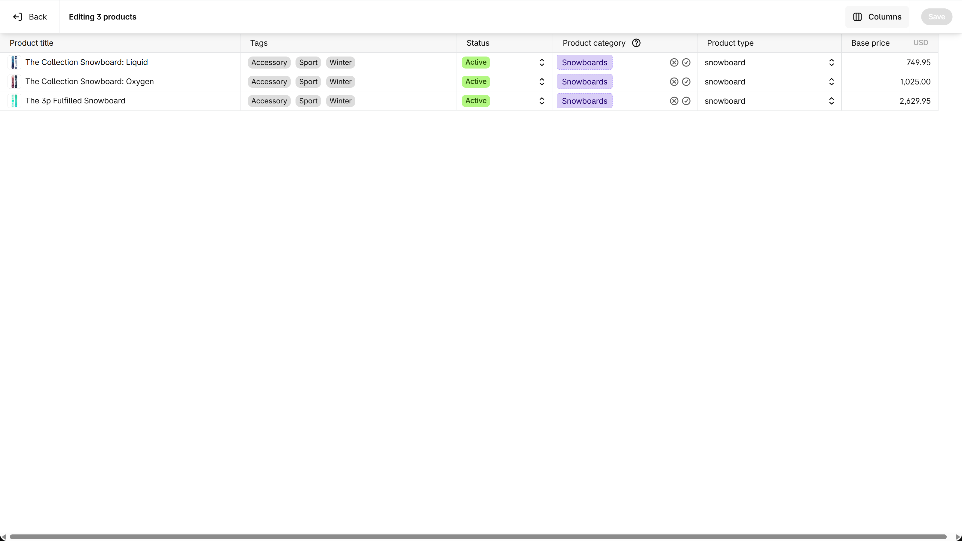 Shopify bulk editor with Tags, Product category and Product type columns for three snowboards