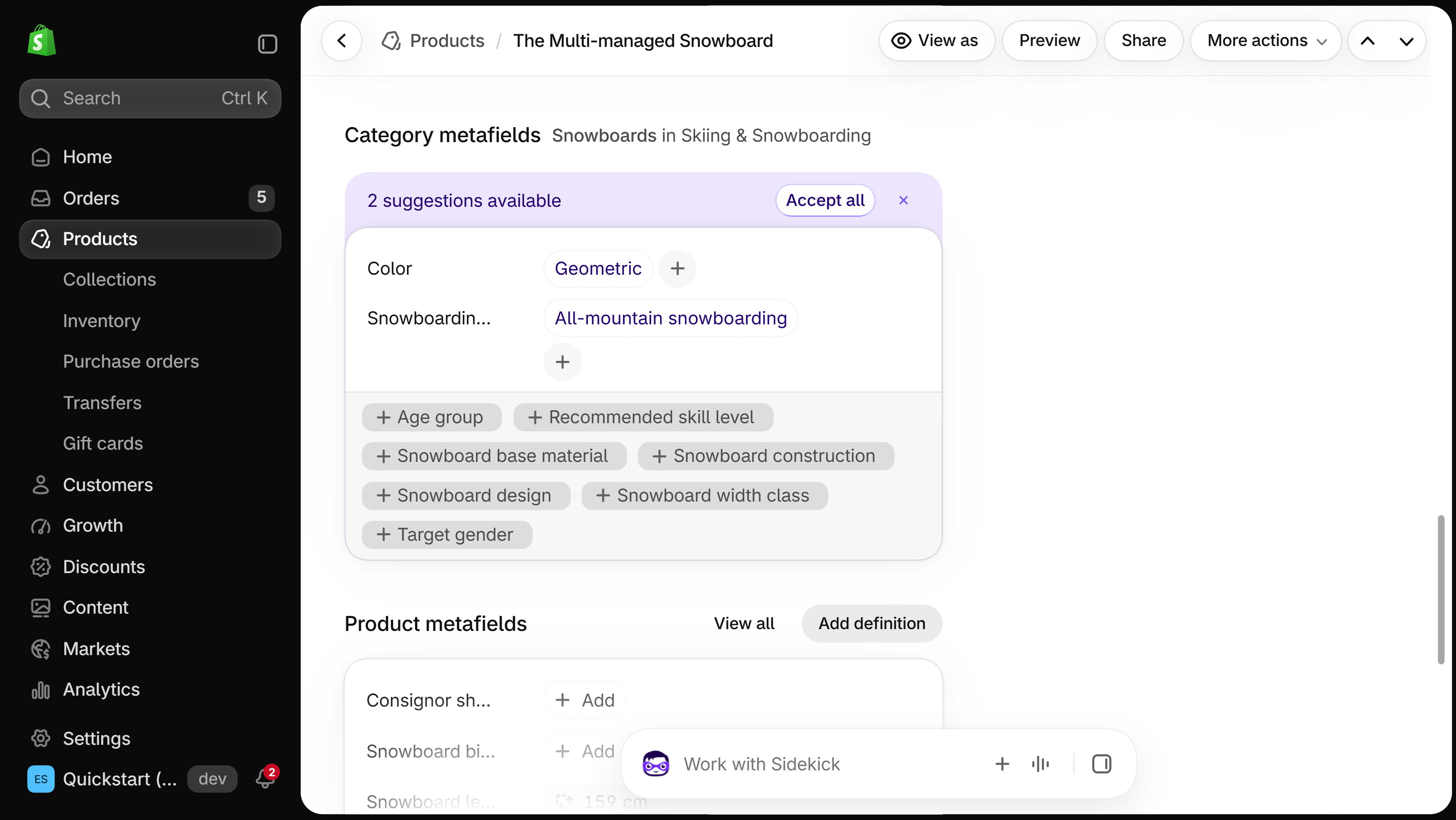 Category metafields block on a Shopify product page with suggested values and attribute chips, and a separate Product metafields block below