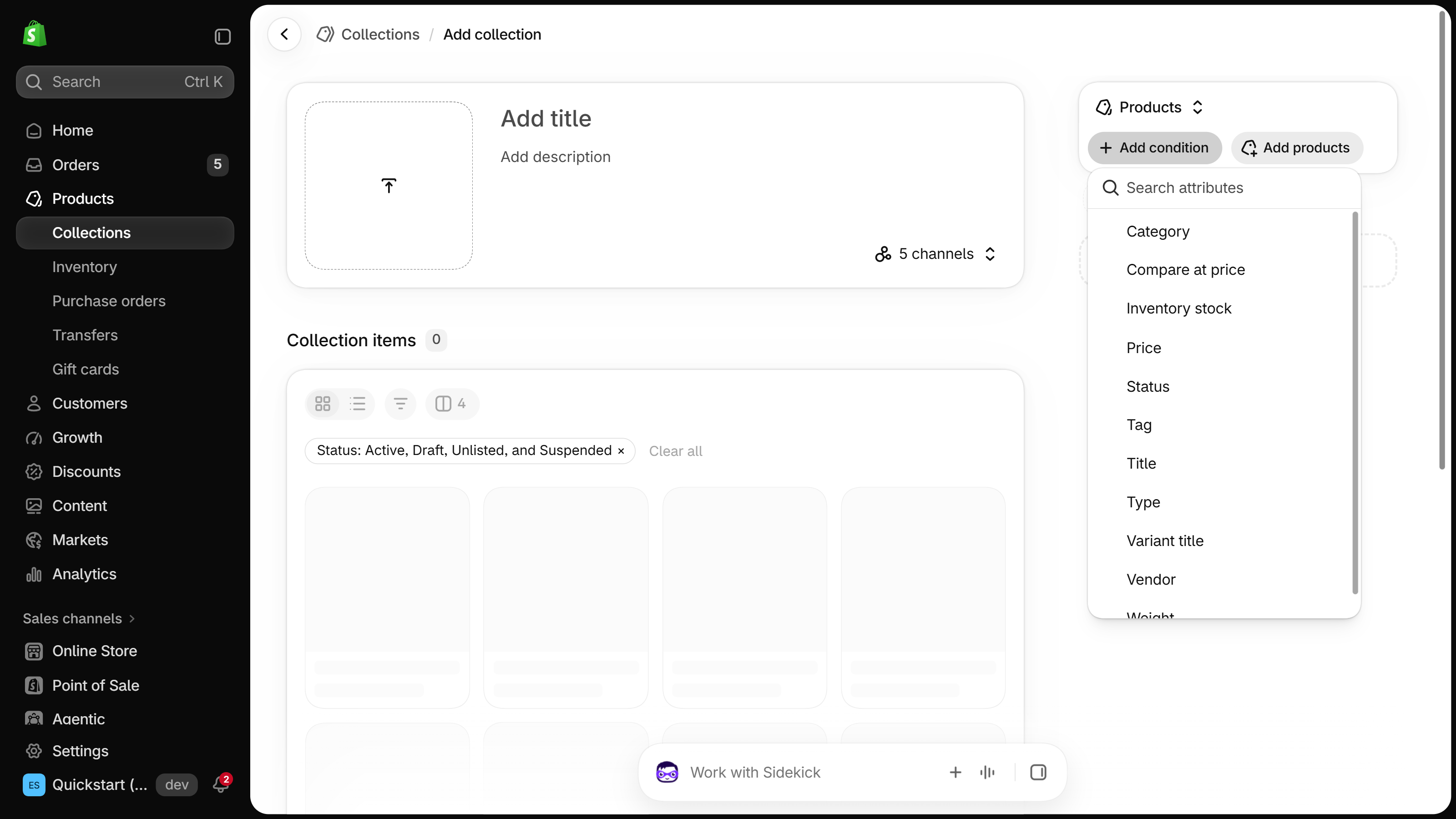 Add condition list on a new Shopify collection with attributes such as Category, Tag, Type and Vendor