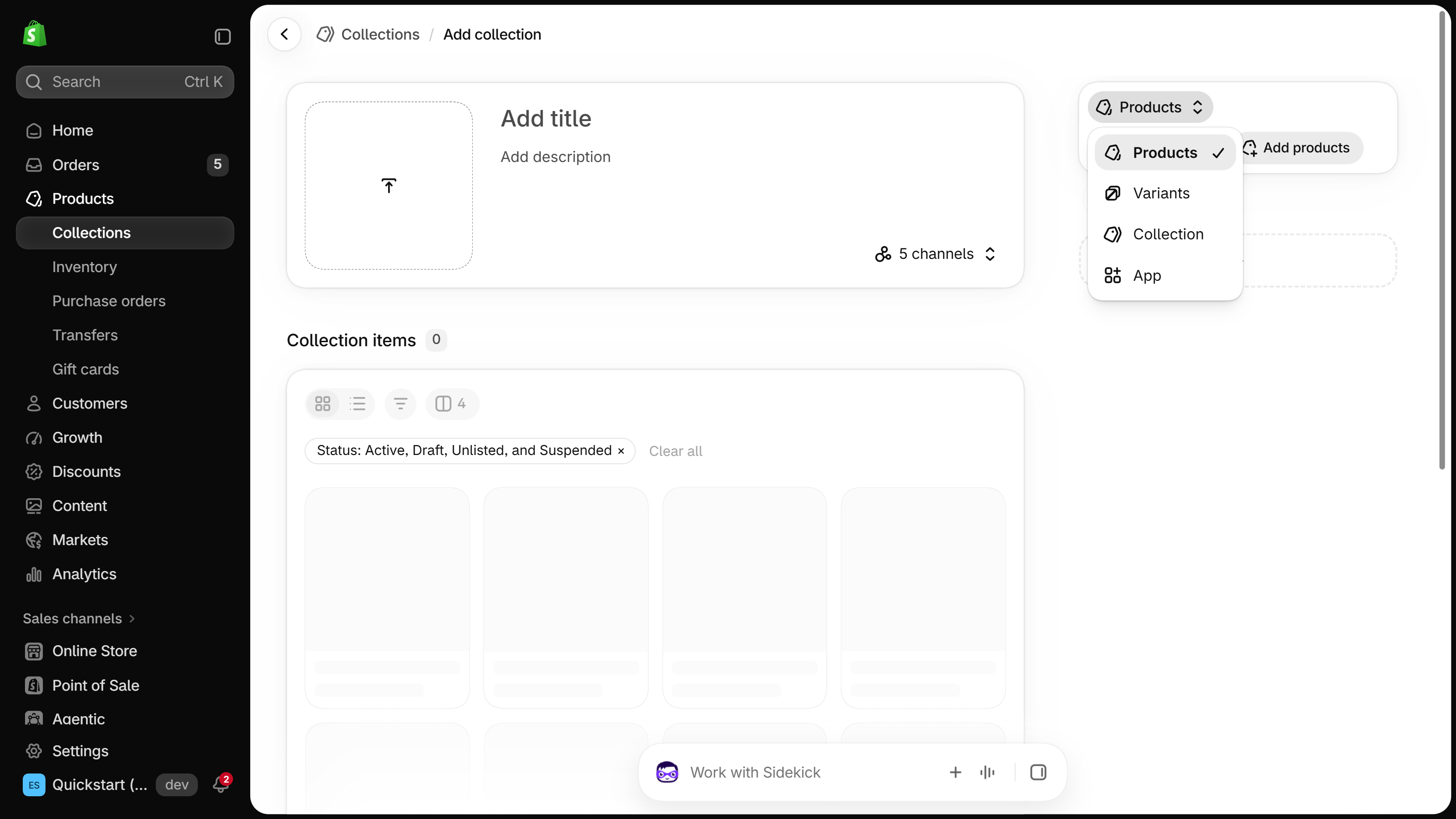 Shopify Add collection page with the source dropdown open showing Products, Variants, Collection and App