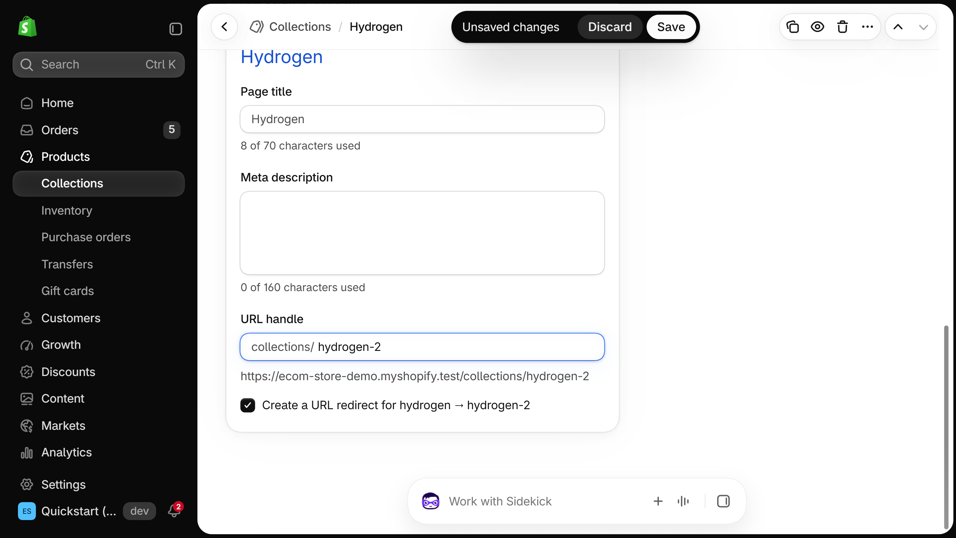 URL handle field edited on a Shopify collection with the Create a URL redirect checkbox ticked