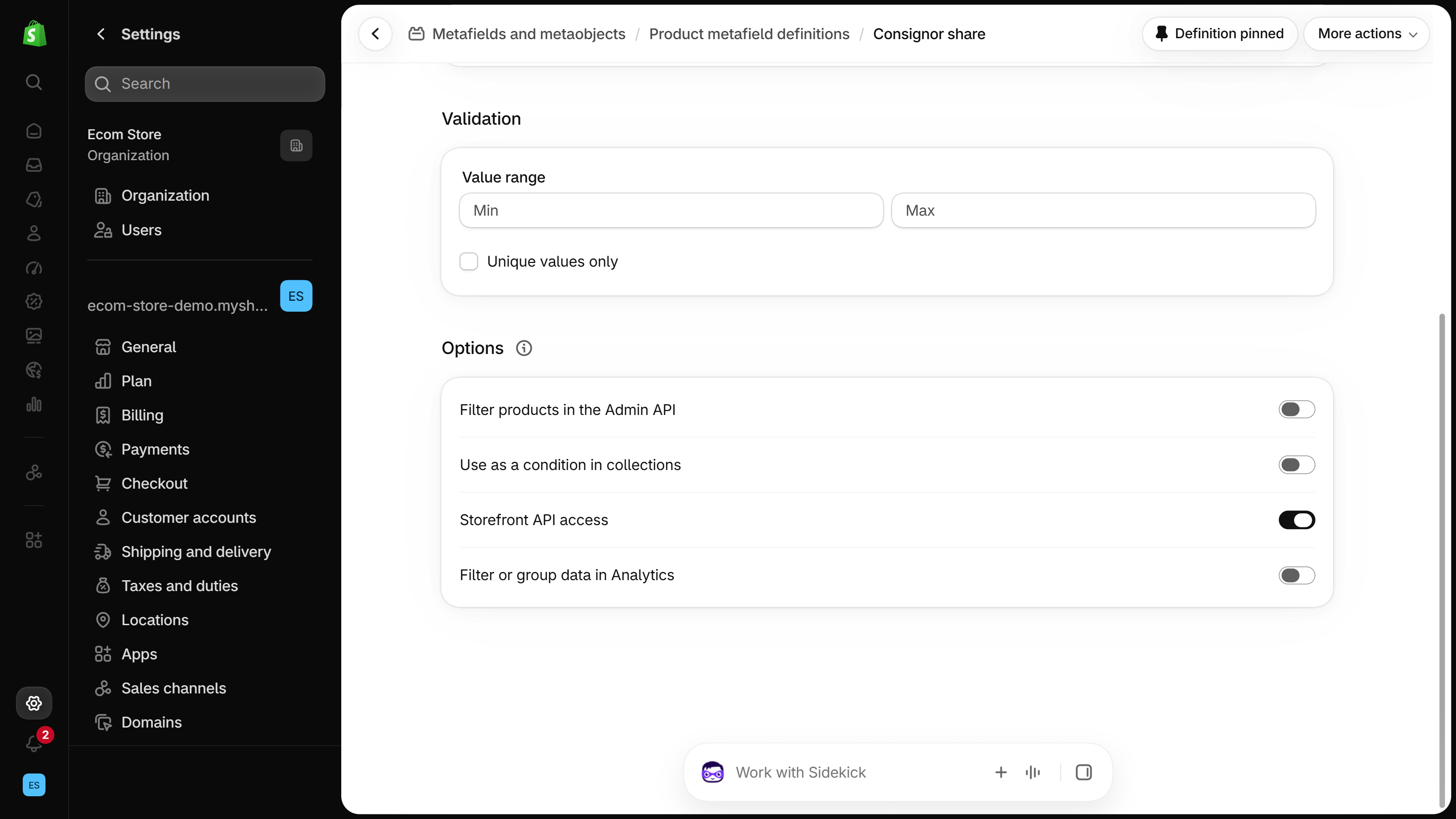 Shopify product metafield definition options, including the Use as a condition in collections toggle