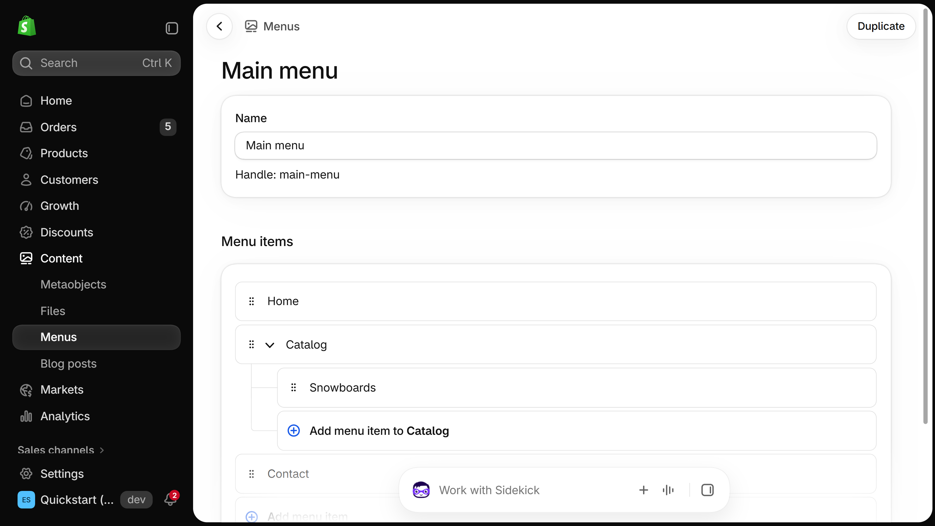 Shopify Main menu editor with a Snowboards item nested under Catalog