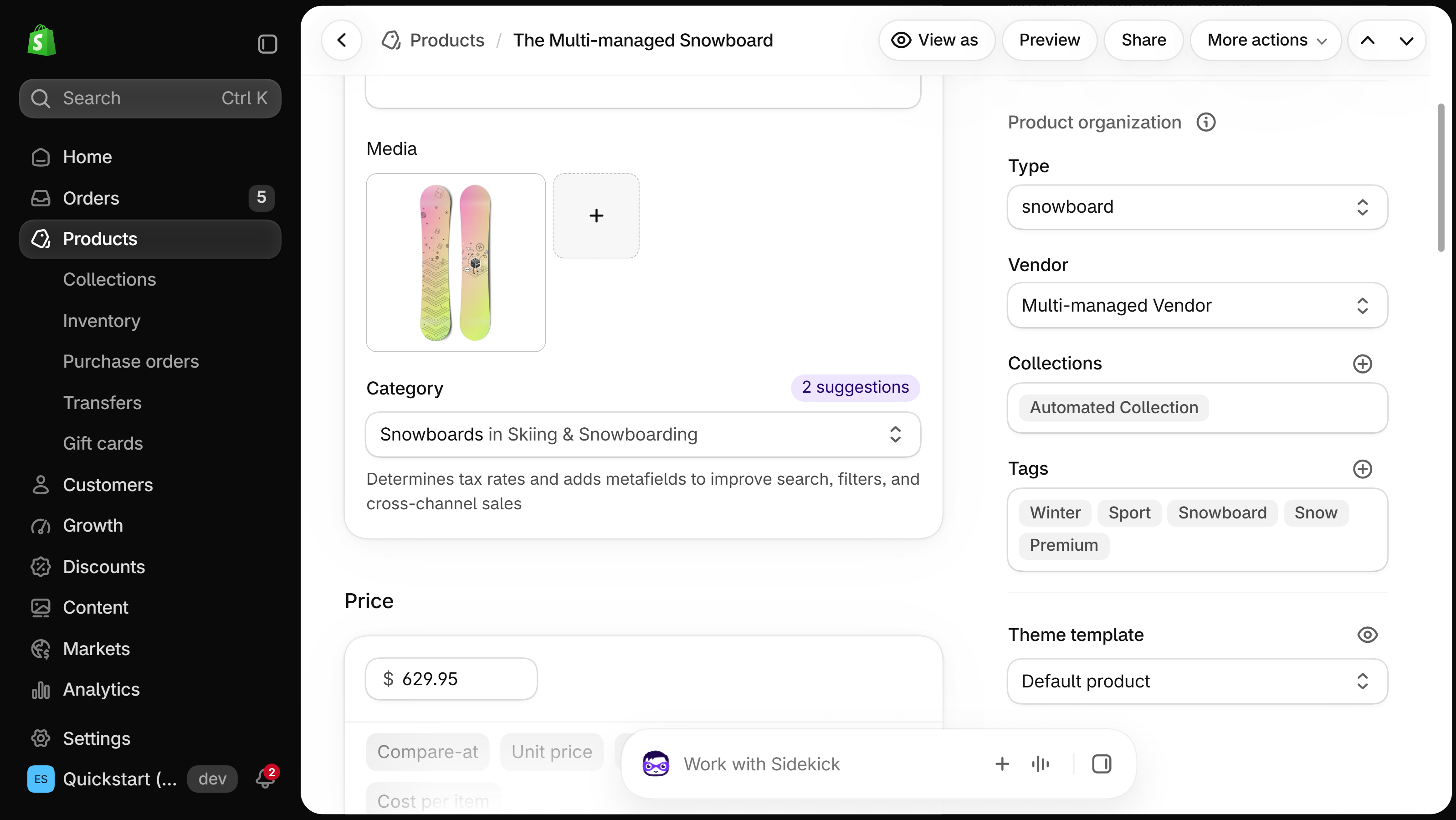 Shopify product page showing the Category card and the Product organization card with Type, Vendor, Collections and Tags fields