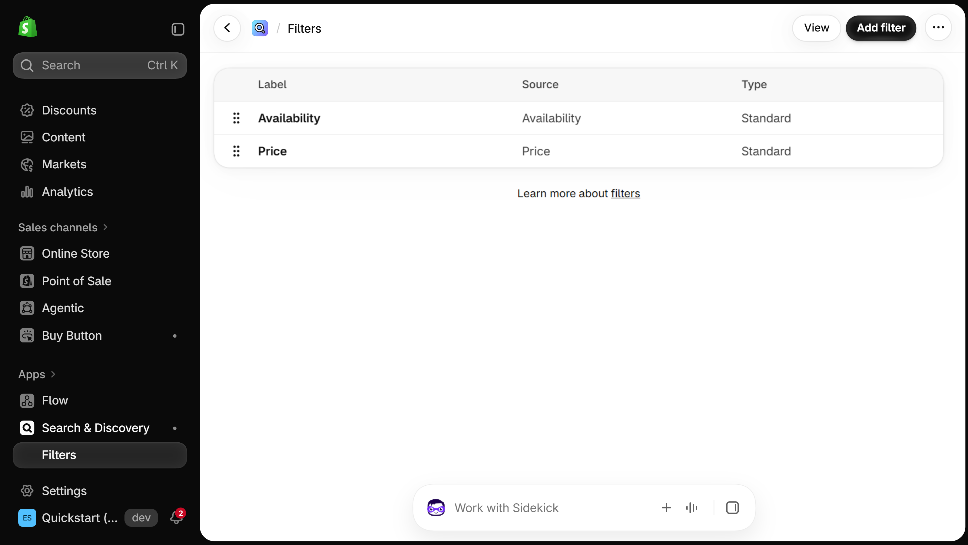 Search & Discovery Filters page listing the Availability and Price filters with an Add filter button