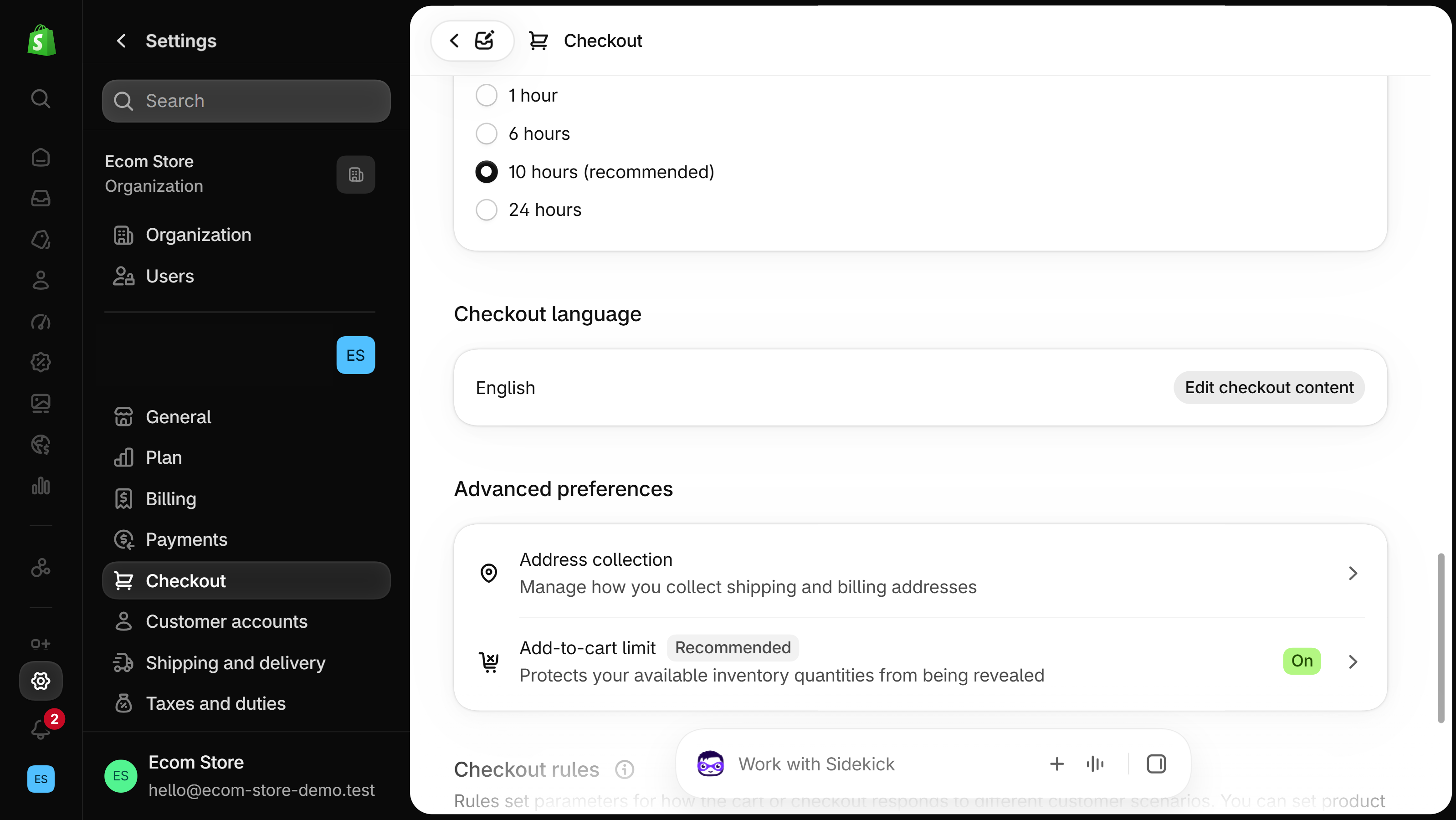 Checkout language card showing English with an Edit checkout content button, above Advanced preferences with Address collection and an Add-to-cart limit marked Recommended and On