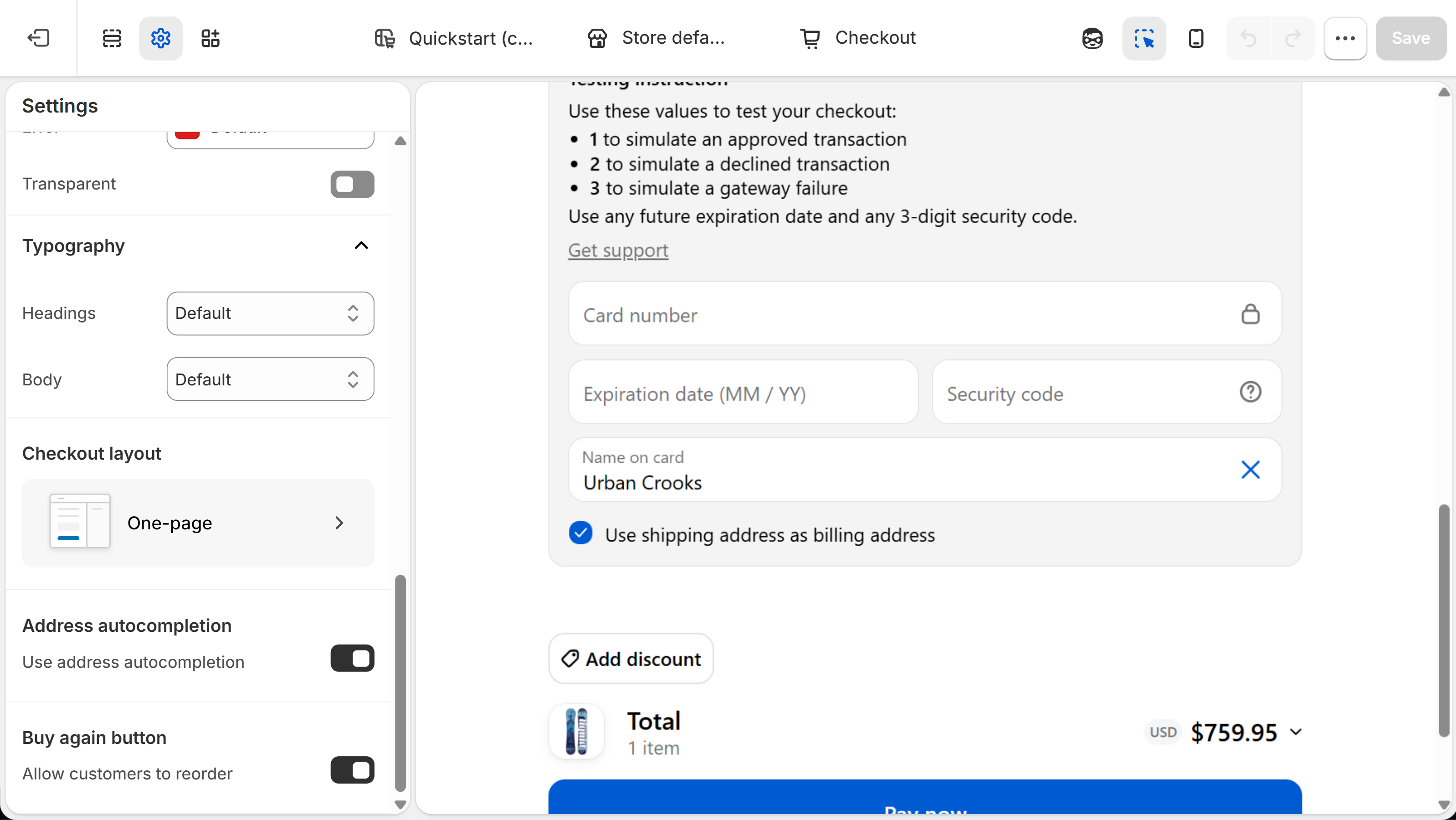 Checkout editor Settings panel scrolled to Address autocompletion, with the Use address autocompletion switch turned on above the Buy again button