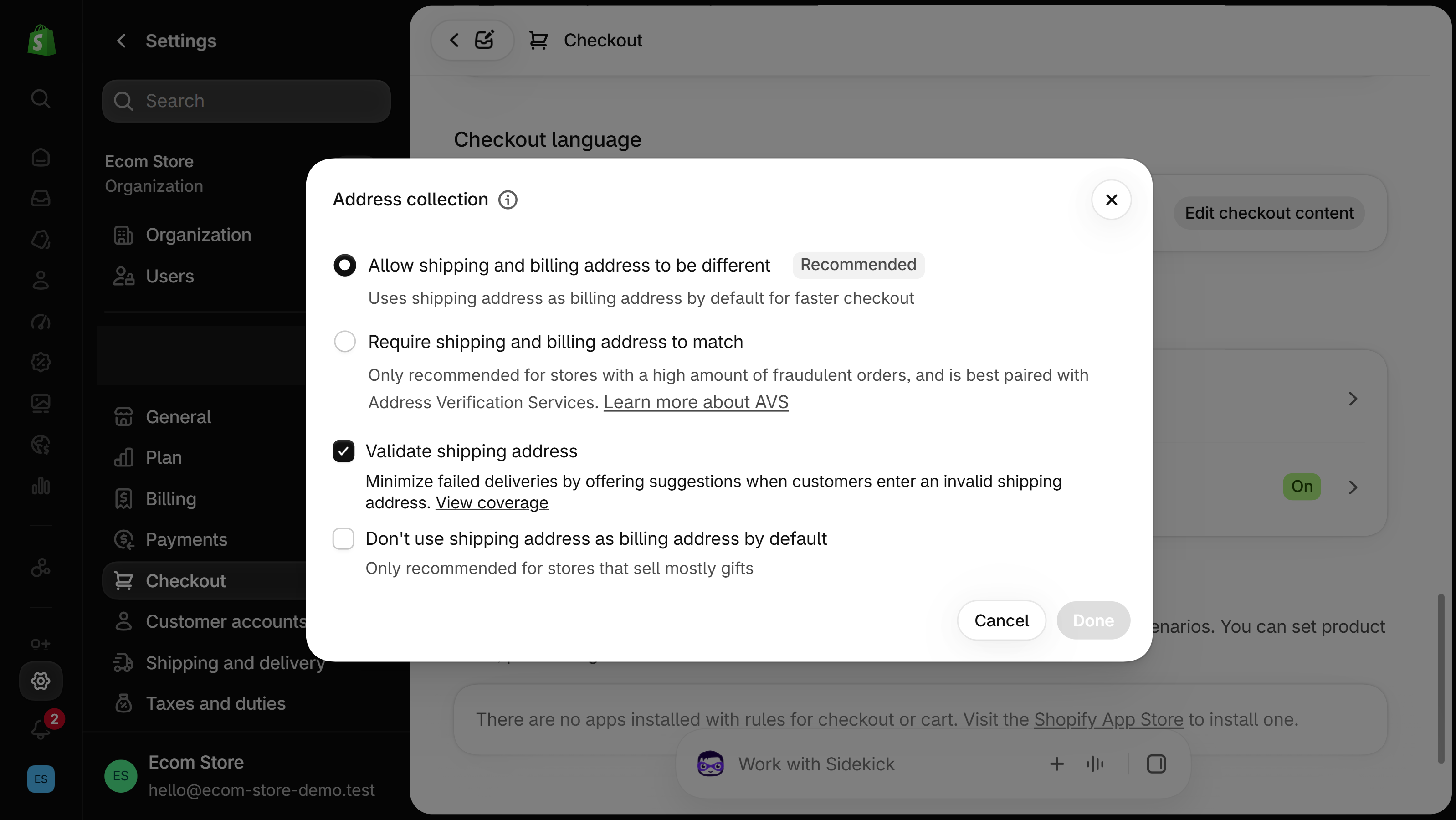 Address collection dialog with Allow shipping and billing address to be different selected and marked Recommended, a Require shipping and billing address to match option, a ticked Validate shipping address box and an unticked Don't use shipping address as billing address by default box