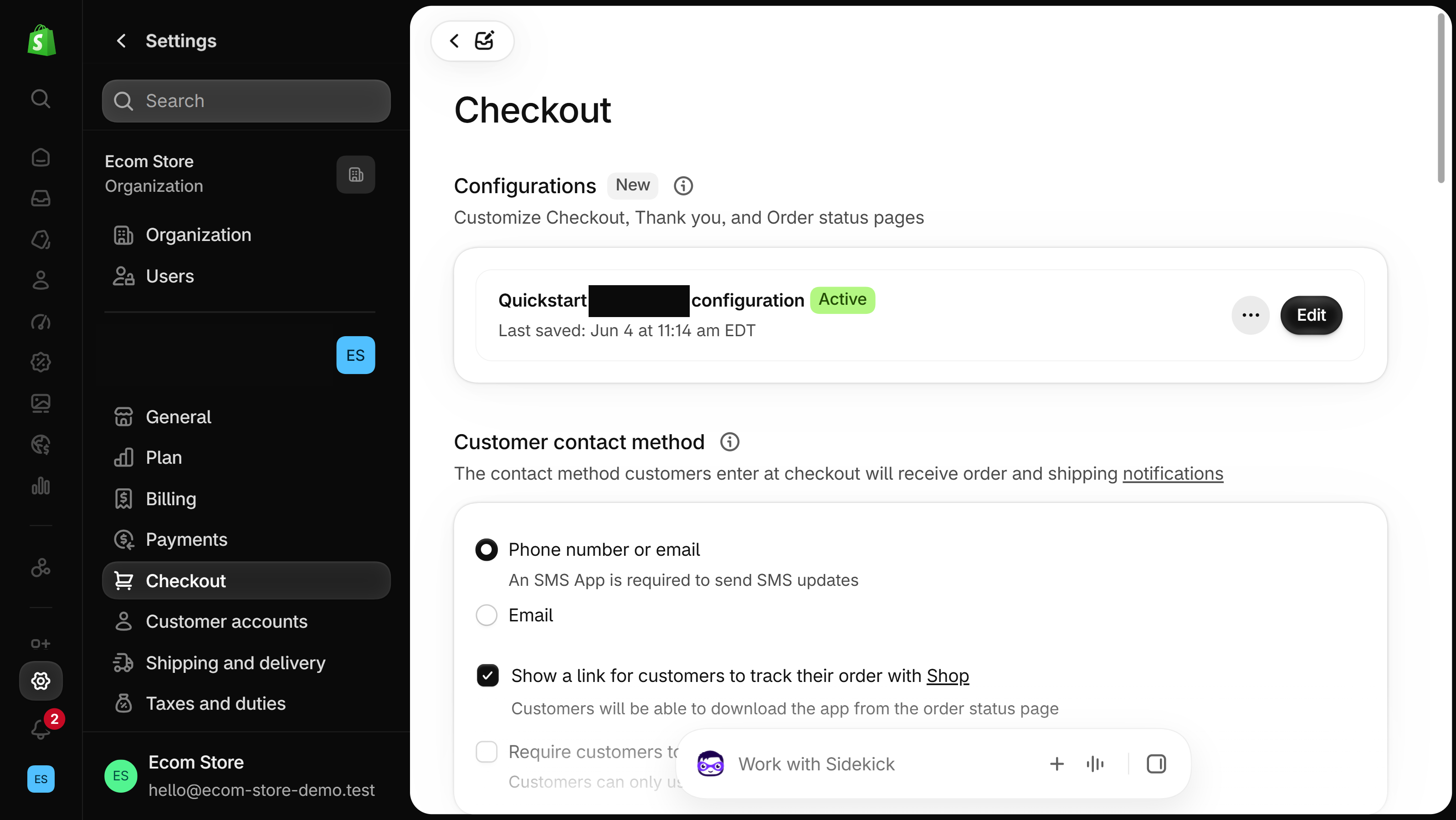 Configurations section at the top of Settings, Checkout with an active configuration, its Edit button and the Customer contact method options below