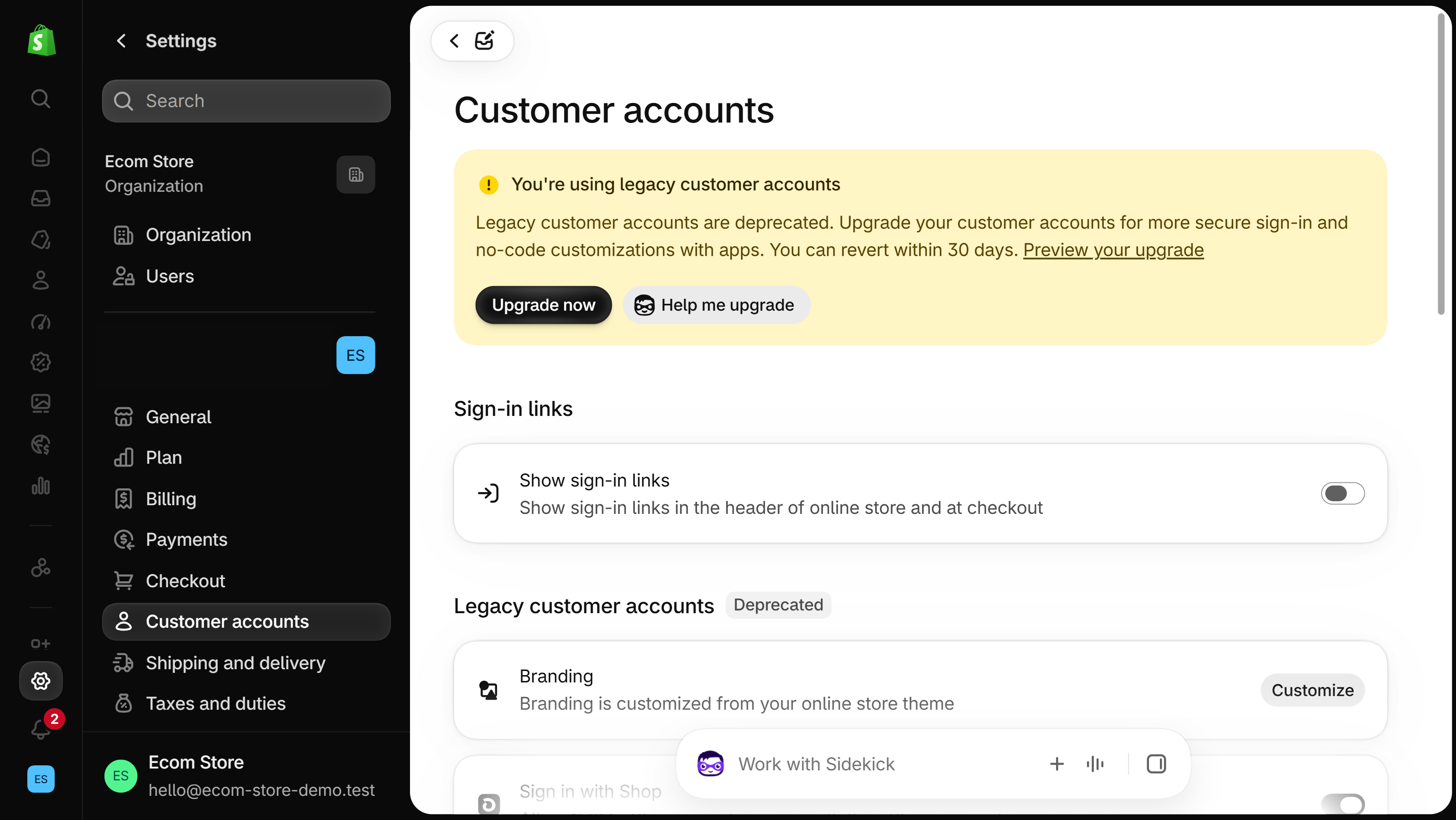 Customer accounts page of Settings with a legacy customer accounts banner, Upgrade now and Help me upgrade buttons, and a Show sign-in links switch