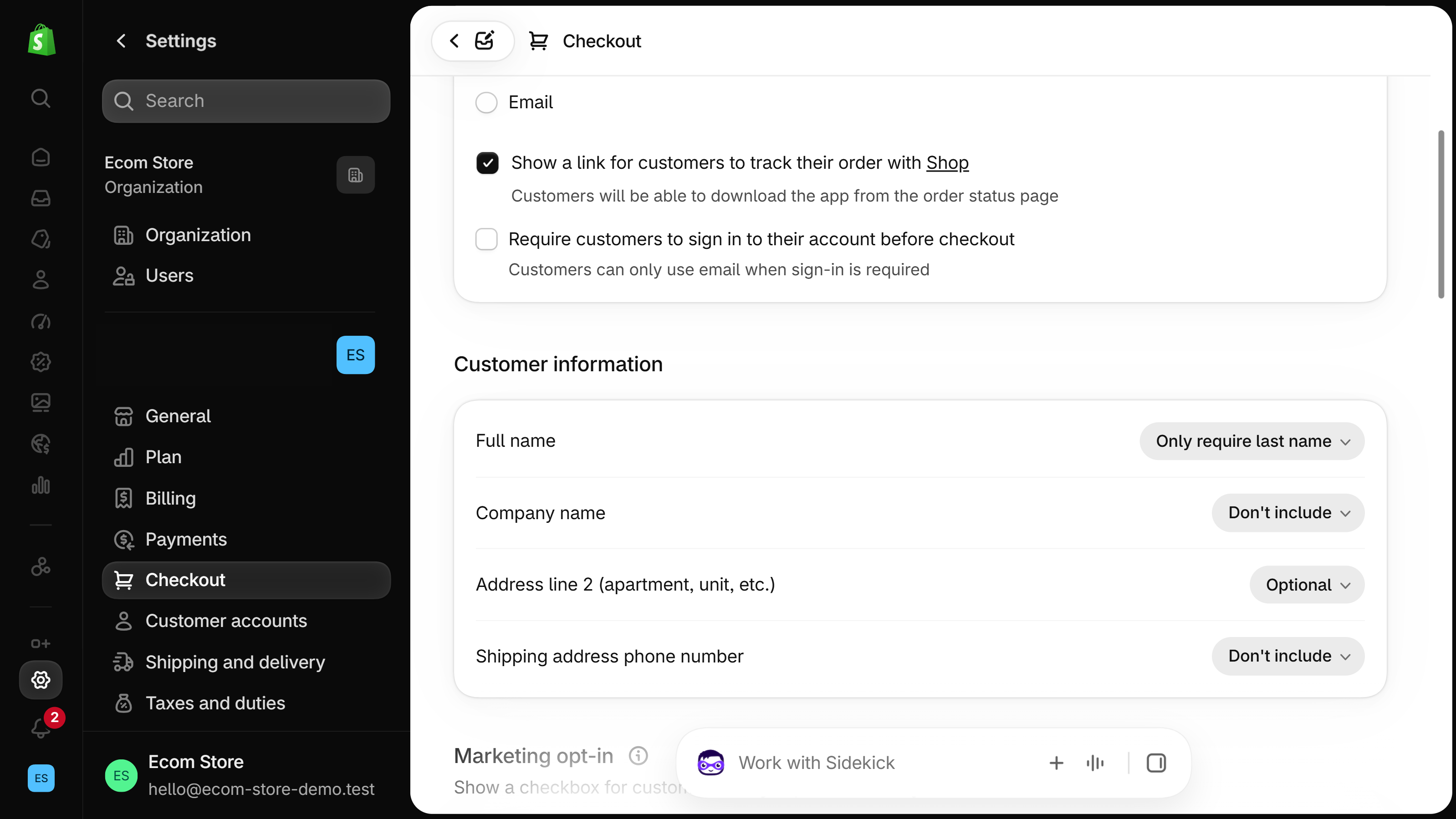 Customer information section of Settings, Checkout with four dropdowns: Full name set to Only require last name, Company name Don't include, Address line 2 Optional and Shipping address phone number Don't include