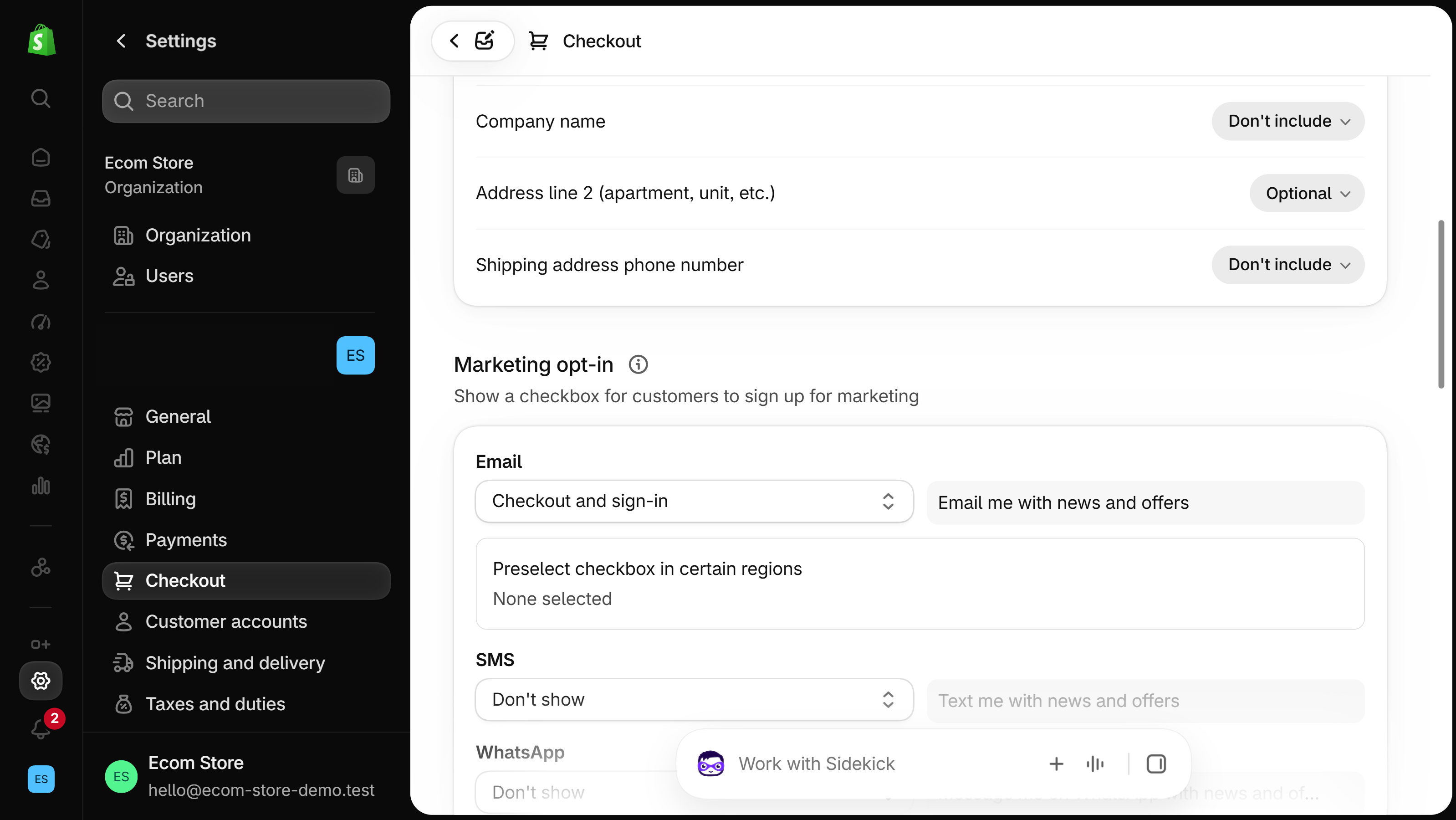 Marketing opt-in section of Settings, Checkout: Email set to Checkout and sign-in with the label Email me with news and offers, Preselect checkbox in certain regions showing None selected, SMS and WhatsApp set to Don't show