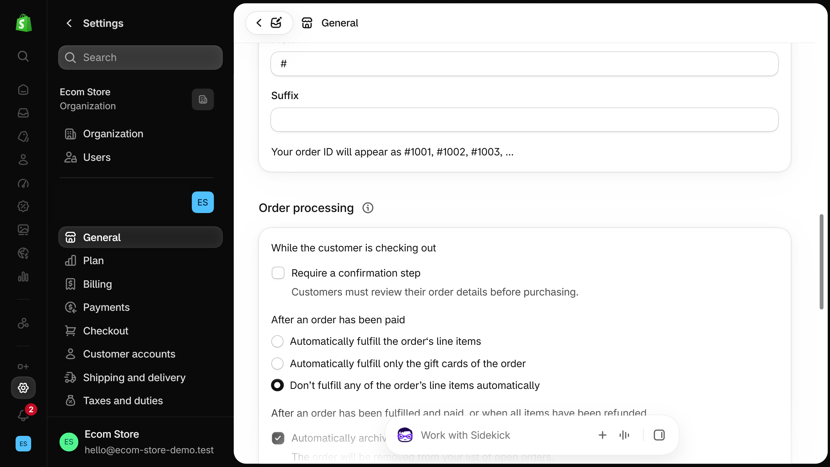 Order processing section of Settings, General with a confirmation step checkbox, three fulfillment choices with Don't fulfill any of the order's line items automatically selected, and an automatic archiving checkbox