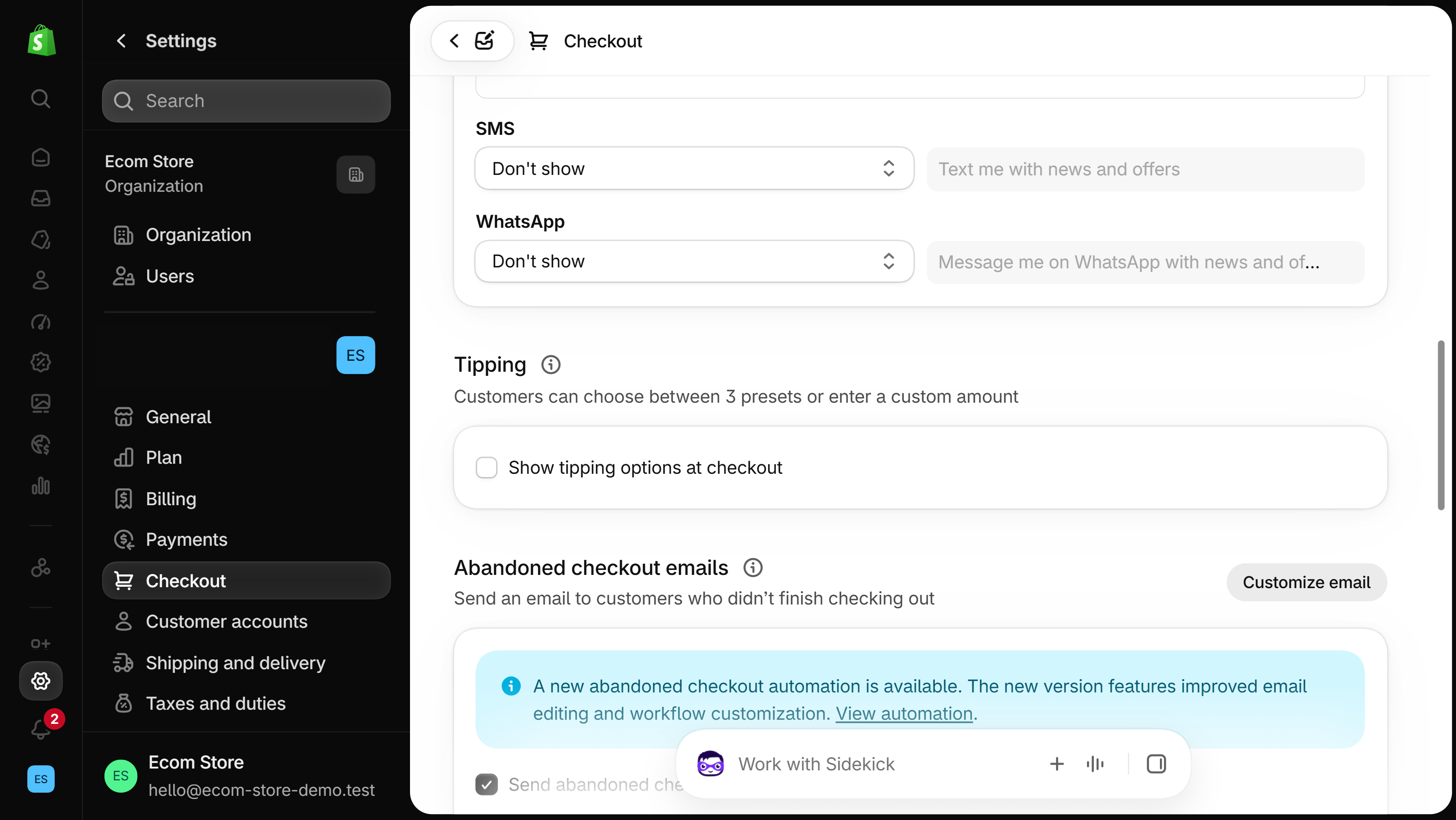 Tipping section of Settings, Checkout with the Show tipping options at checkout checkbox unticked, between Marketing opt-in and Abandoned checkout emails