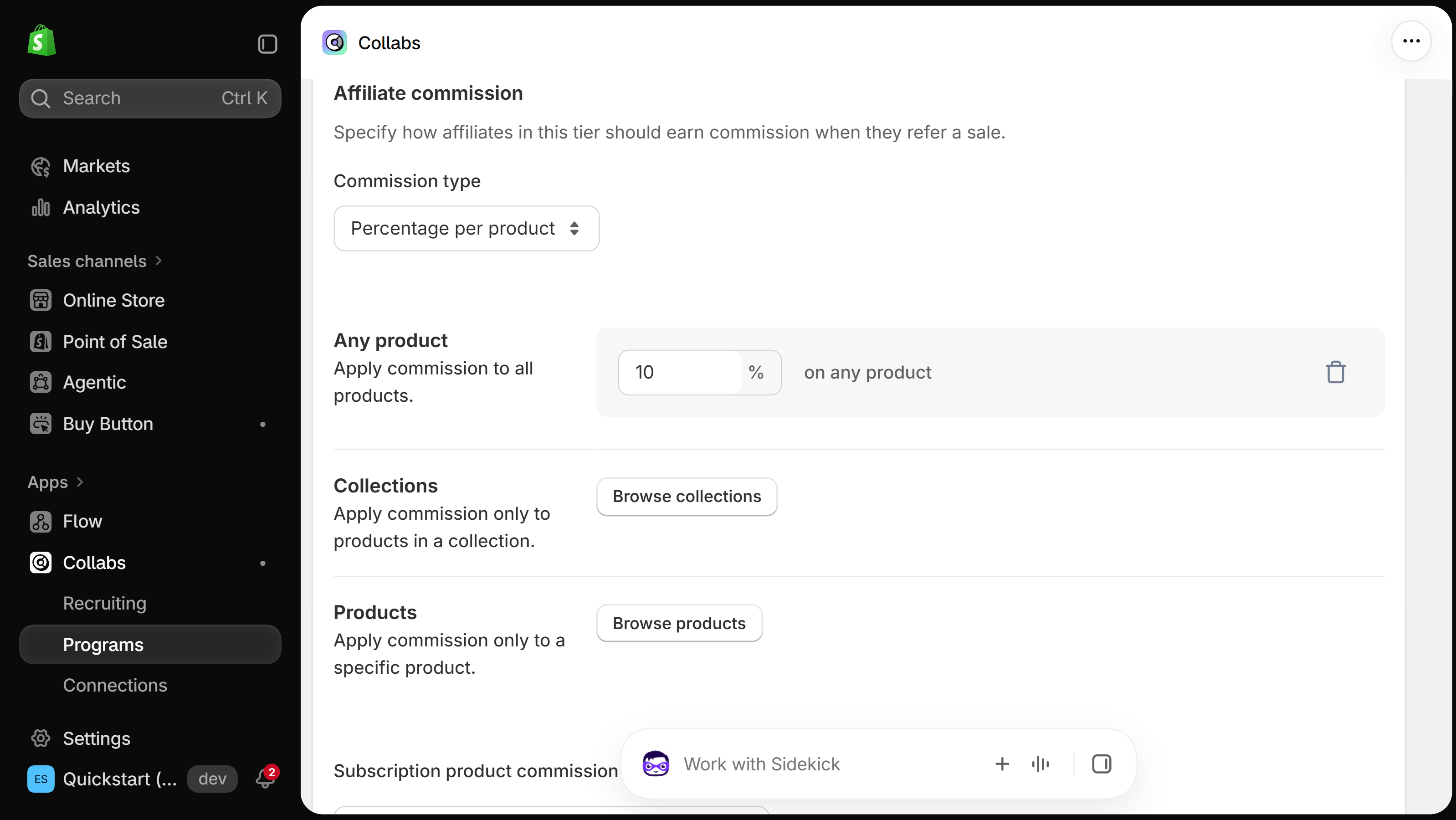 Unsaved invite program form in the Shopify Collabs app, Affiliate commission section: Commission type set to Percentage per product, an Any product row with the form's preset percentage, a Collections row with a Browse collections button, a Products row with a Browse products button, and a Subscription product commission heading below
