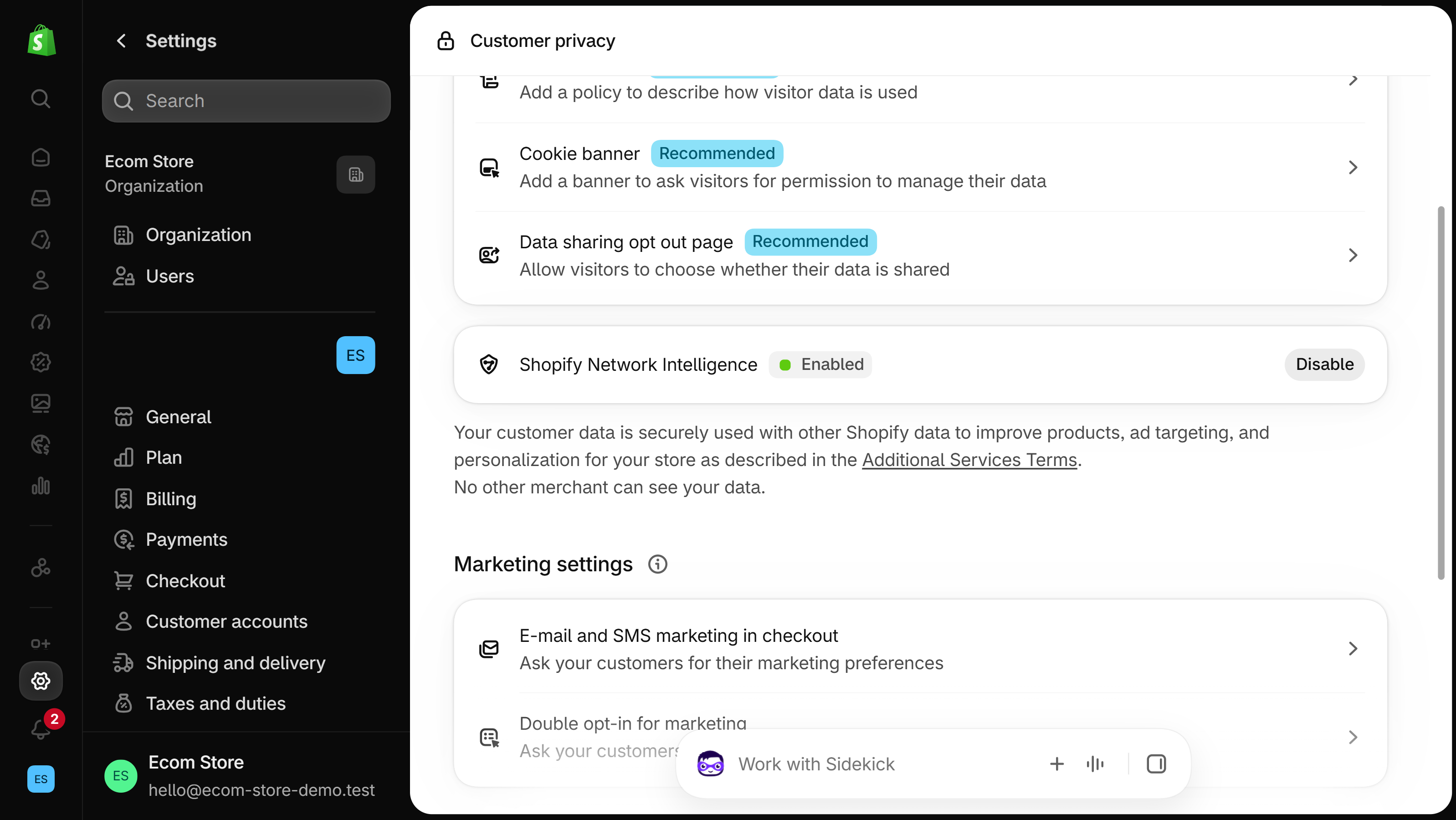 Shopify admin Customer privacy settings page: a Shopify Network Intelligence row with a green Enabled badge and a Disable button, a note that customer data is used with other Shopify data as described in the Additional Services Terms, and the Marketing settings section below