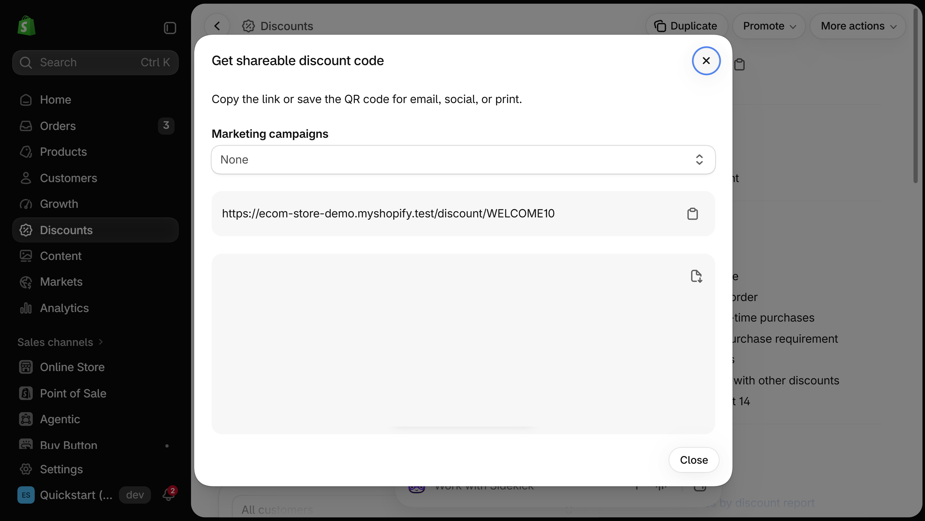 Get shareable discount code window over a discount's page in the Shopify admin: a Marketing campaigns dropdown set to None, a link ending in /discount/WELCOME10 with a copy button, and a blanked QR code panel with a download button