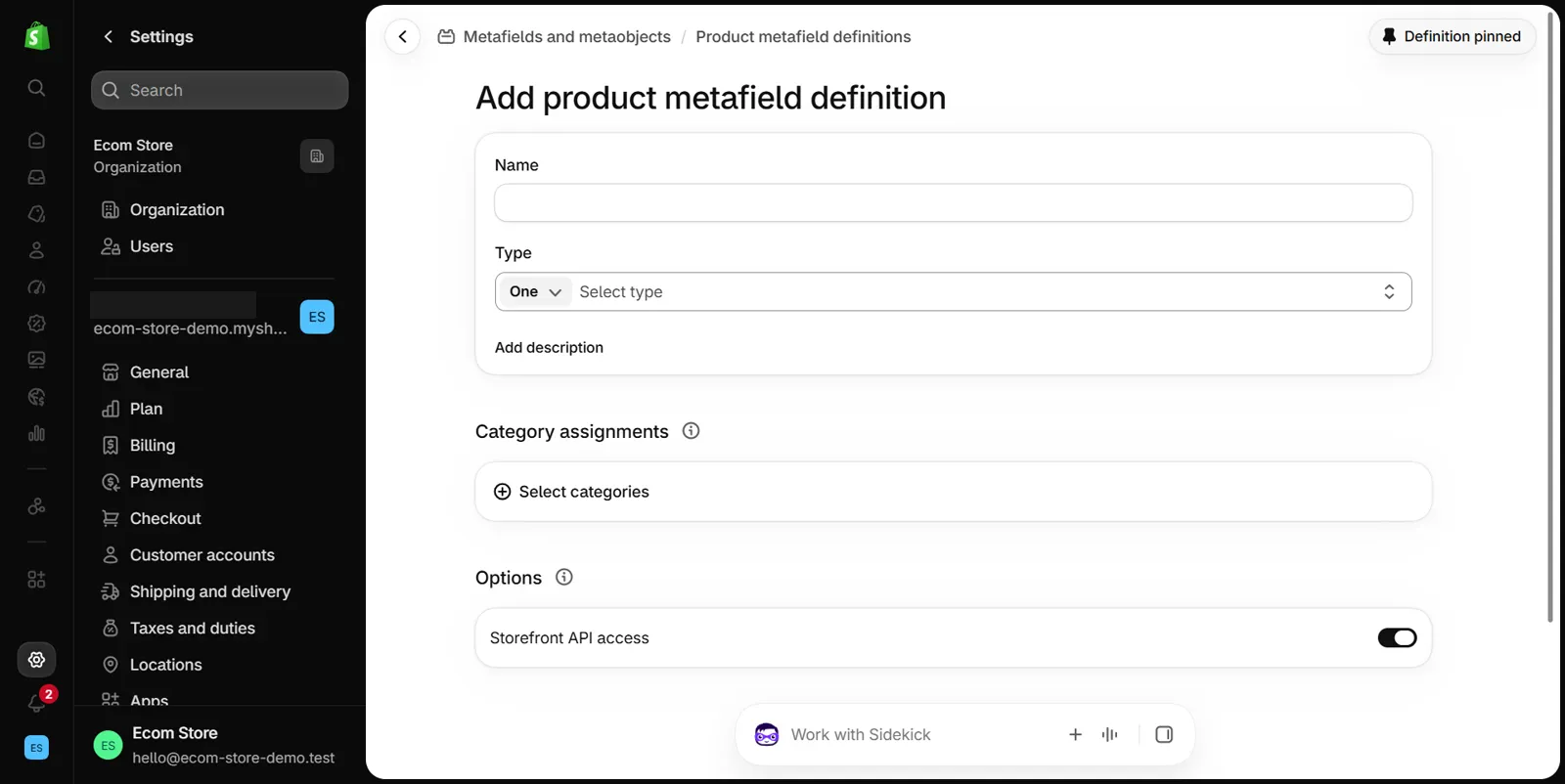 Shopify admin Settings page Add product metafield definition, unsaved: an empty Name field, a Type selector reading Select type, Category assignments and a Storefront API access option
