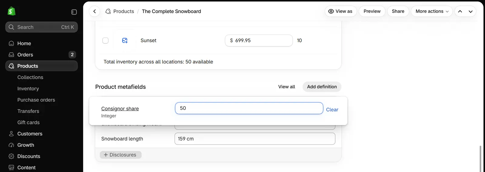 Shopify admin product page scrolled to Product metafields: a Consignor share field of type Integer holding 50, above a Snowboard length field, with View all and Add definition buttons
