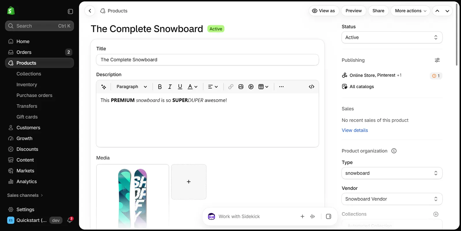 Shopify admin product page for a demo snowboard: the Product organization section in the right column shows Type and a Vendor field holding Snowboard Vendor