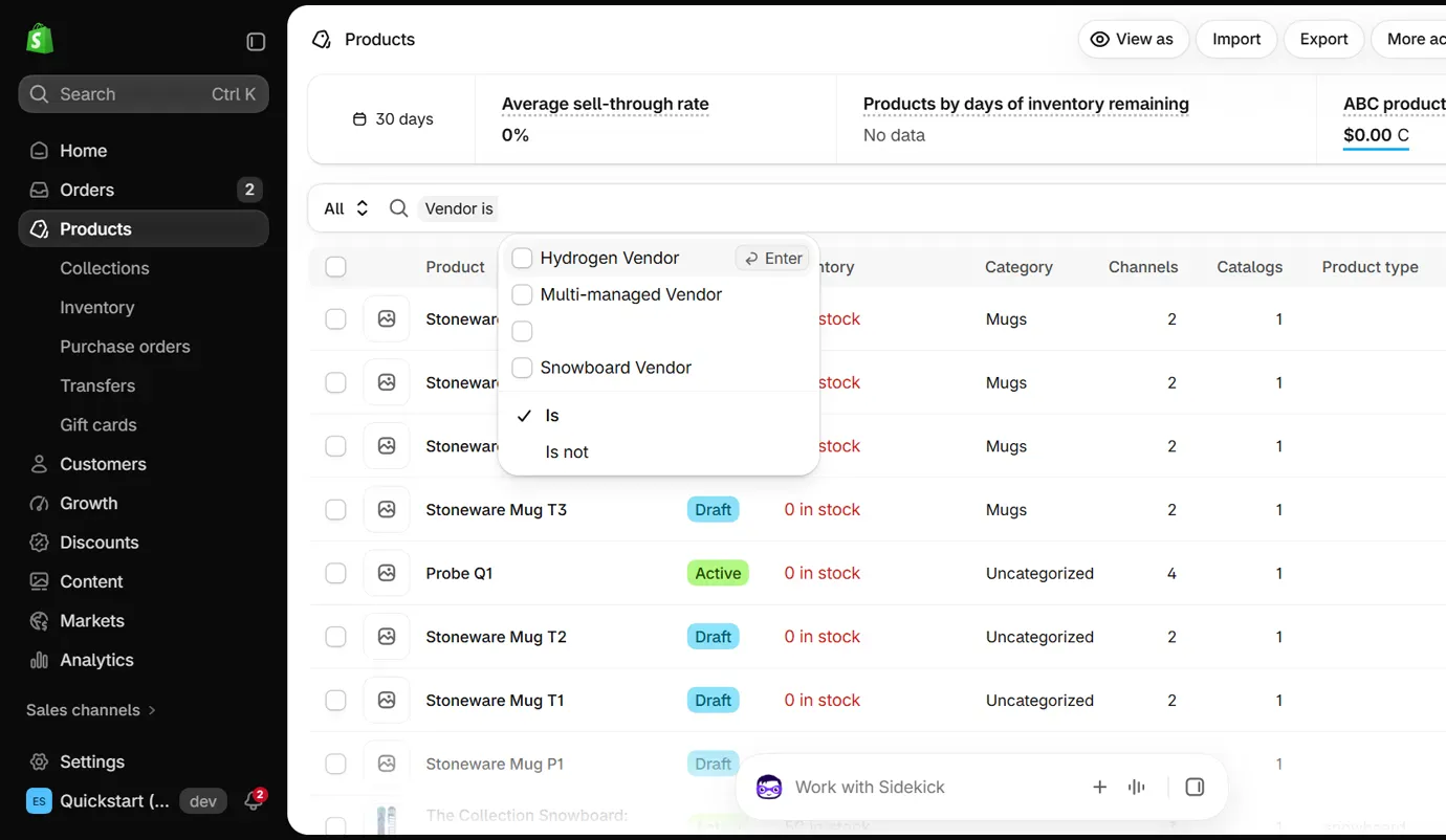 Shopify admin Products list with the Search and filter field set to Vendor is, and a dropdown listing the store's vendors as checkboxes above the Is and Is not options