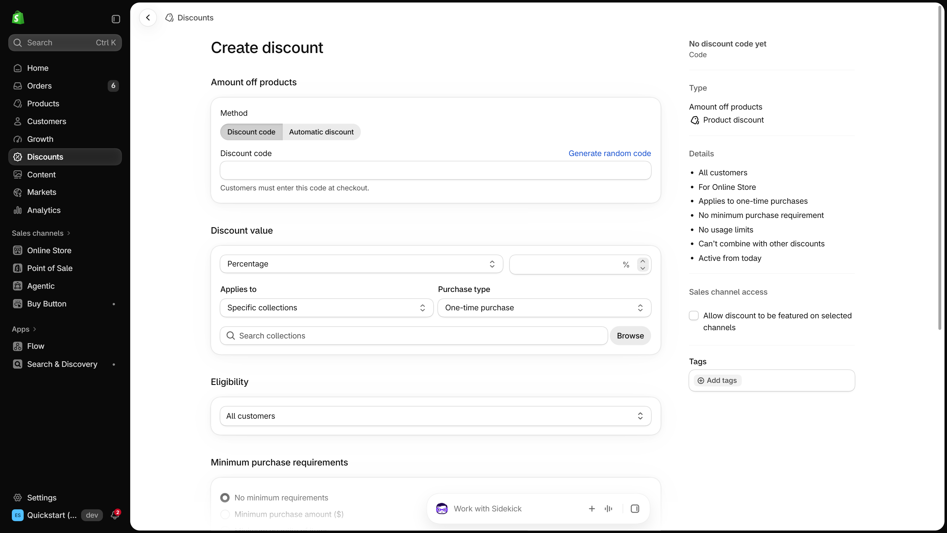 Shopify admin Create discount form for Amount off products: Method set to Discount code or Automatic discount, Discount value with Applies to and Purchase type, Eligibility, Minimum purchase requirements, and a Details summary that reads Can't combine with other discounts
