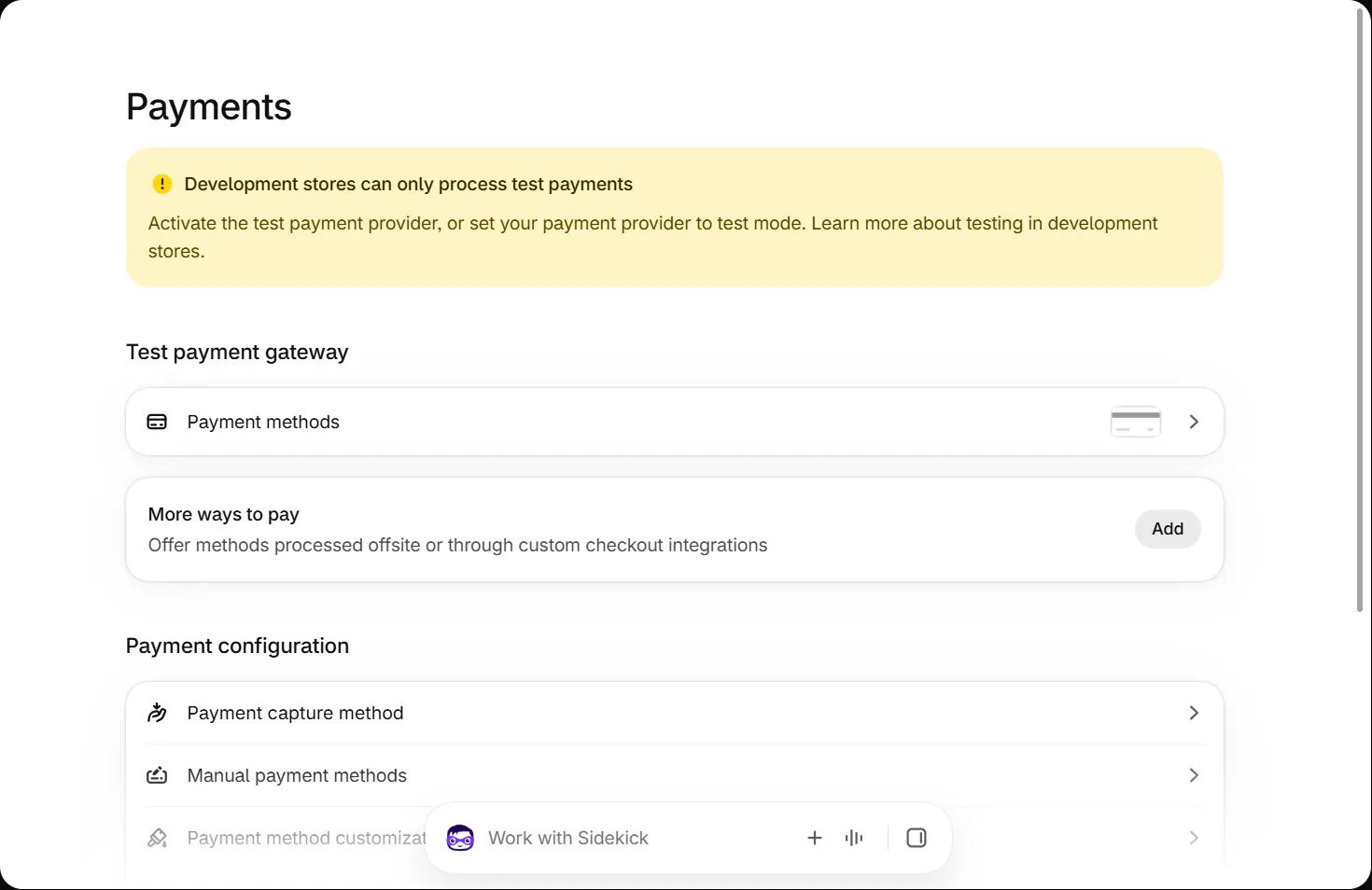 Shopify admin Payments settings page in a development store: a yellow banner reading Development stores can only process test payments, a Test payment gateway section with Payment methods and More ways to pay, and a Payment configuration section with rows for Payment capture method and Manual payment methods
