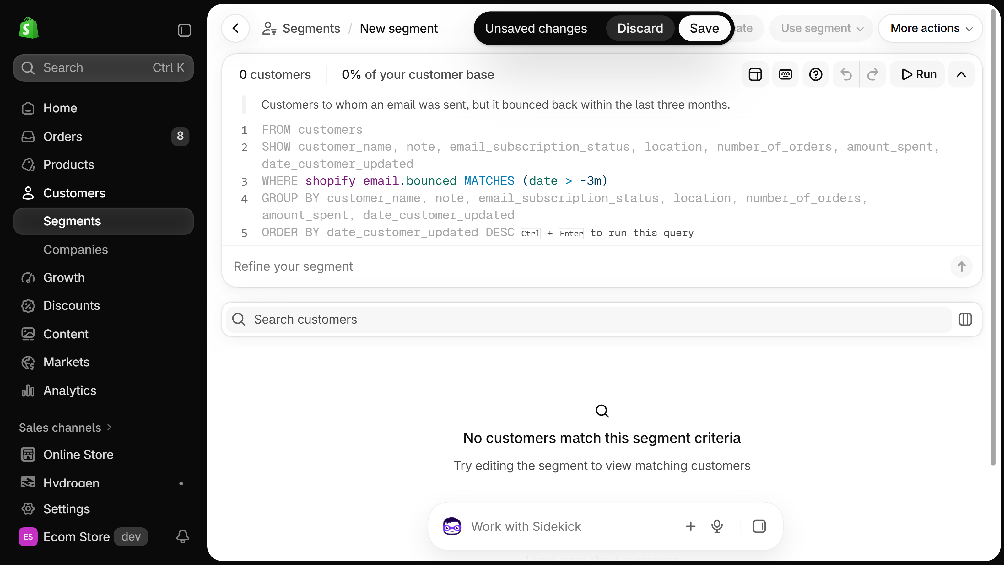 Shopify new customer segment editor with the query WHERE shopify_email.bounced MATCHES (date > -3m) and an Unsaved changes bar