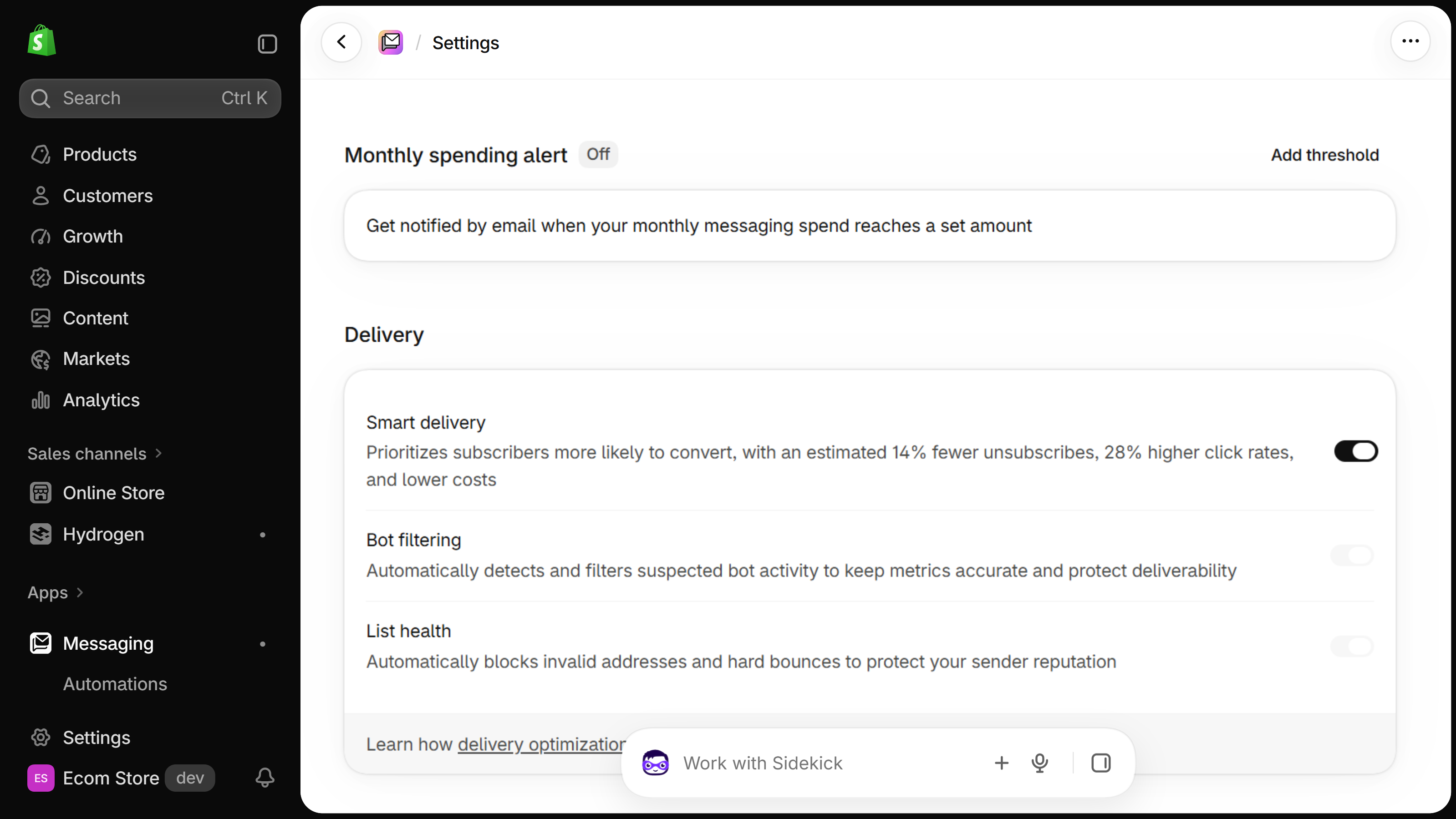Shopify Messaging settings, Delivery section: Smart delivery with its toggle on, and Bot filtering and List health rows with greyed-out switches