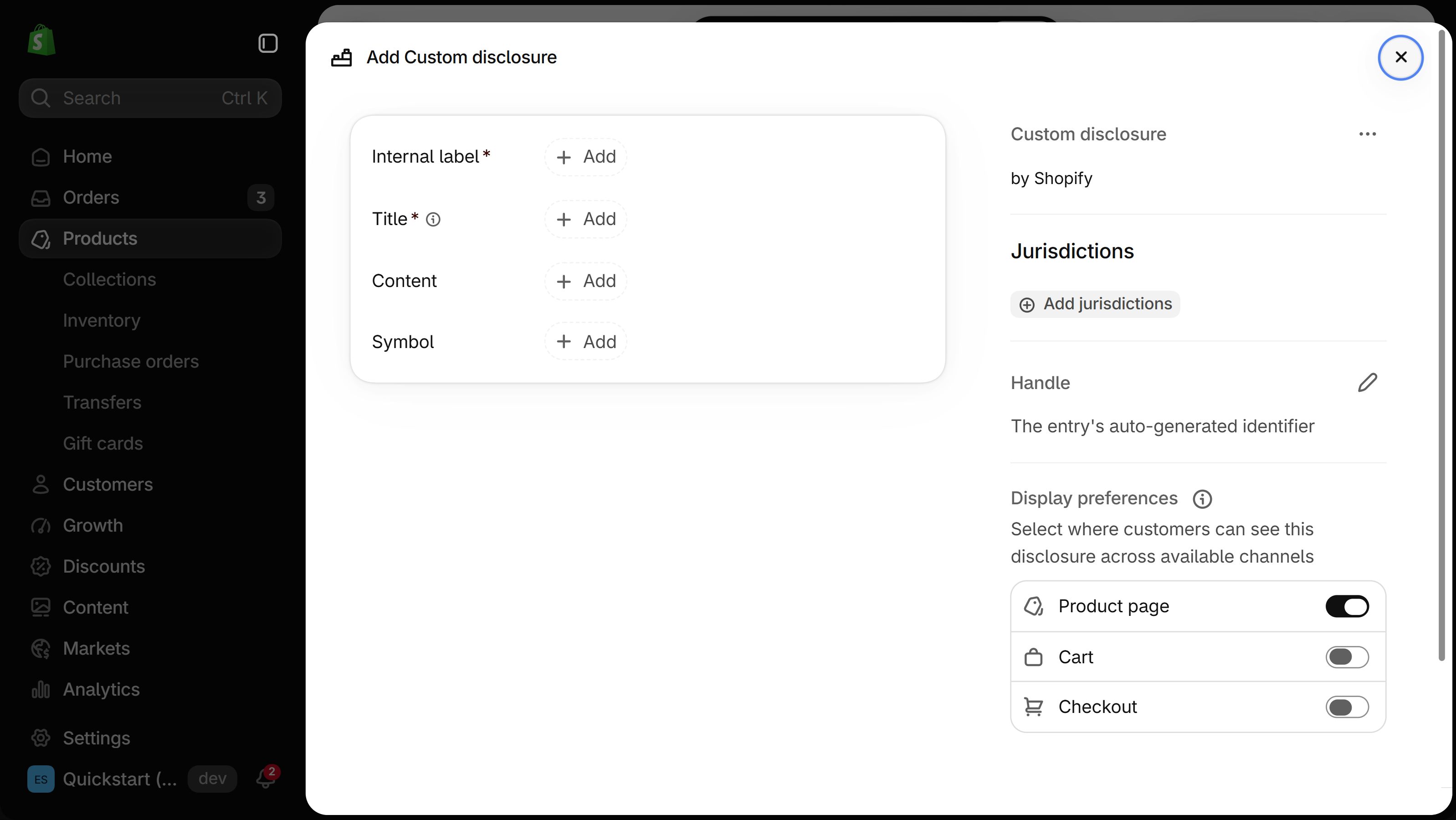 Add Custom disclosure dialog over a product page in the Shopify admin, with Internal label, Title, Content and Symbol fields and a Jurisdictions section with an Add jurisdictions button