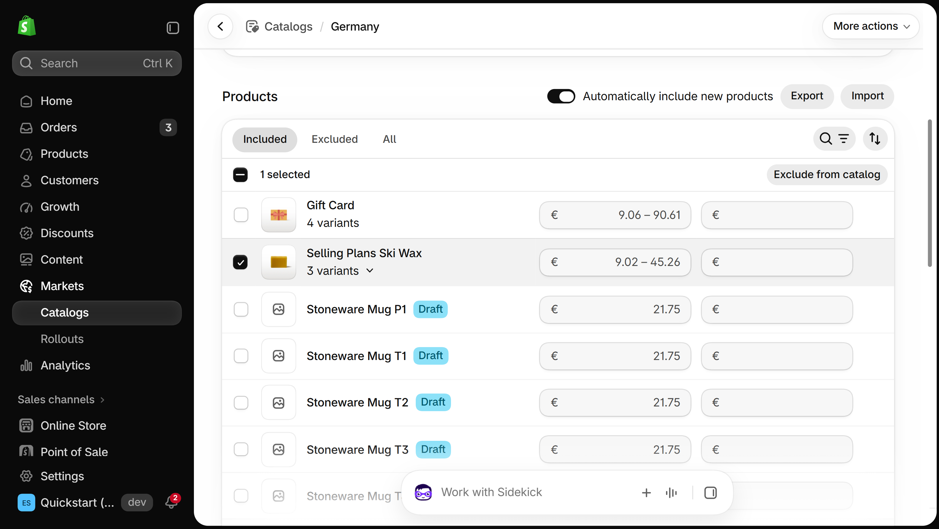 Products section of a Germany market catalog in Shopify Markets, Included tab, with one product selected and the Exclude from catalog button above the table