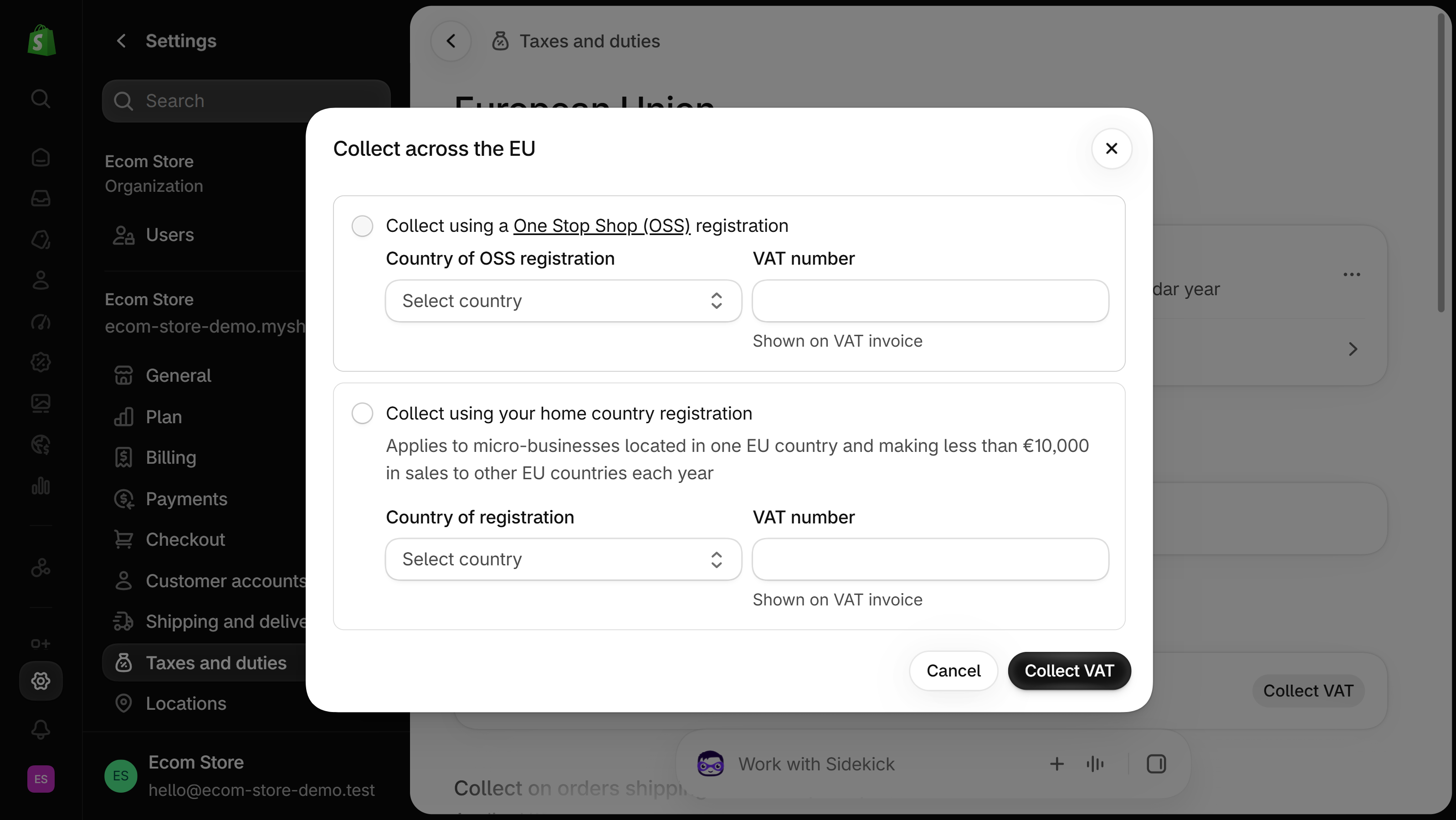 Shopify admin, Collect across the EU dialog: two options, Collect using a One Stop Shop (OSS) registration and Collect using your home country registration, each with a country selector and a VAT number field