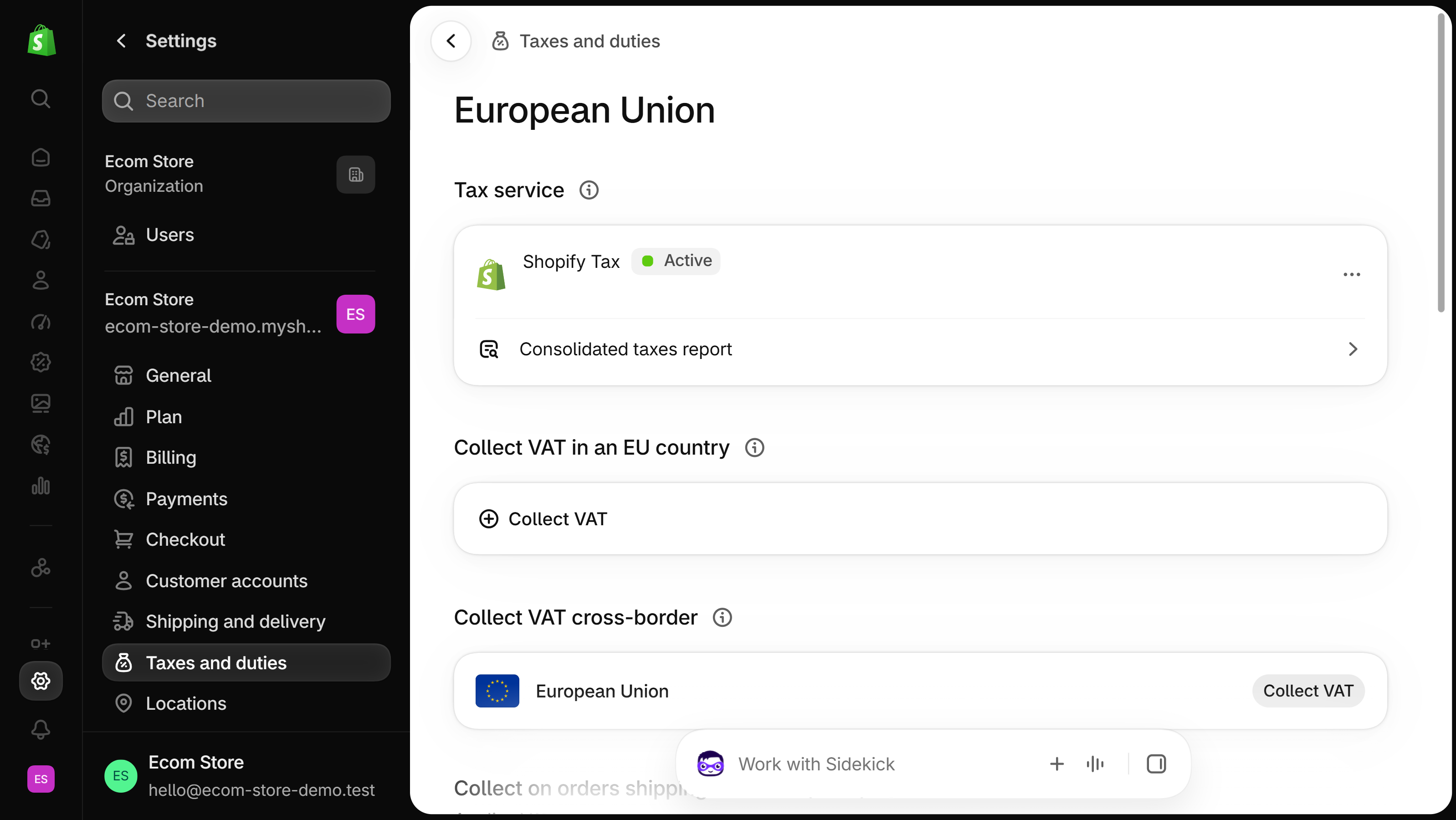 Shopify admin, European Union tax page: the Tax service card at the top, then the Collect VAT in an EU country section with a Collect VAT button and the Collect VAT cross-border section with its own Collect VAT button