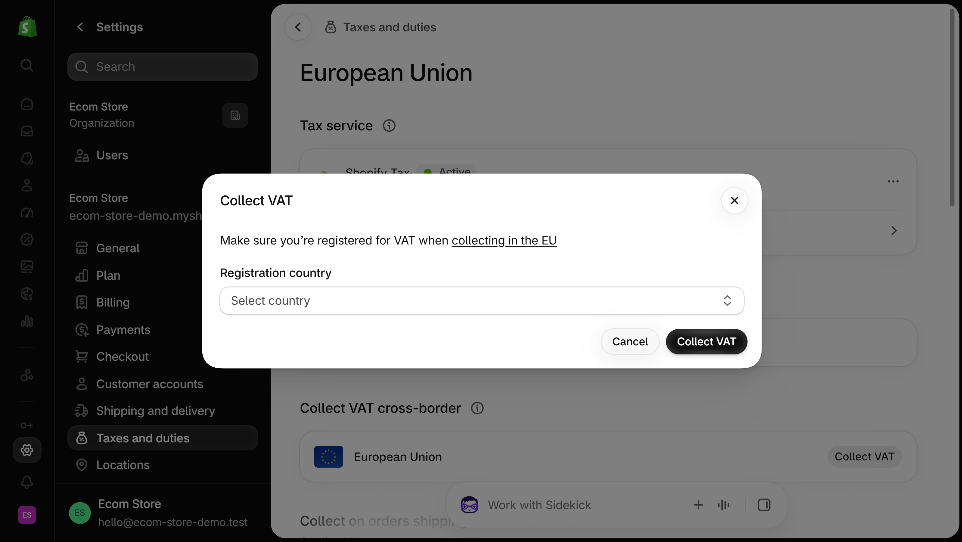 Shopify admin, Collect VAT dialog opened from Collect VAT in an EU country: a note to make sure you are registered for VAT and a Registration country selector, with Cancel and Collect VAT buttons