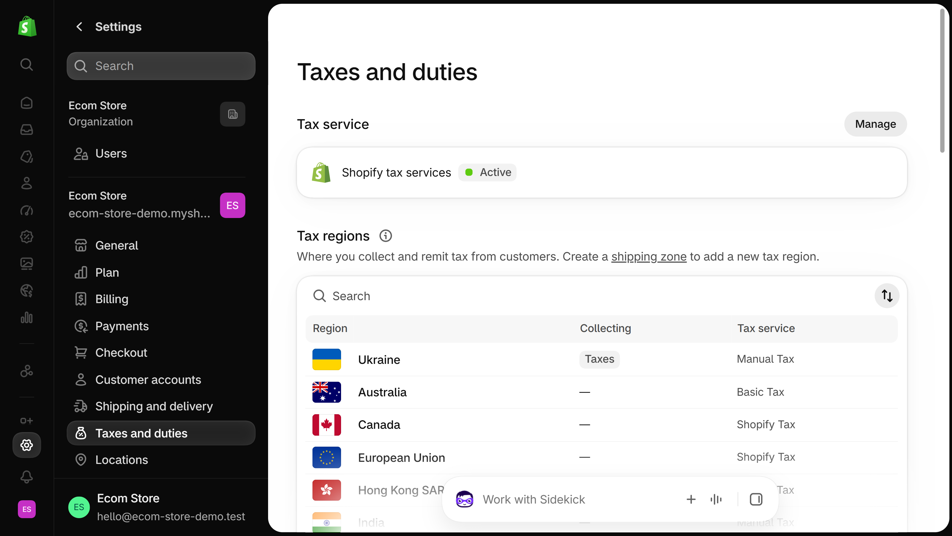 Shopify admin, Settings, Taxes and duties: the Tax regions table lists regions with Collecting and Tax service columns, and European Union appears as one row on Shopify Tax