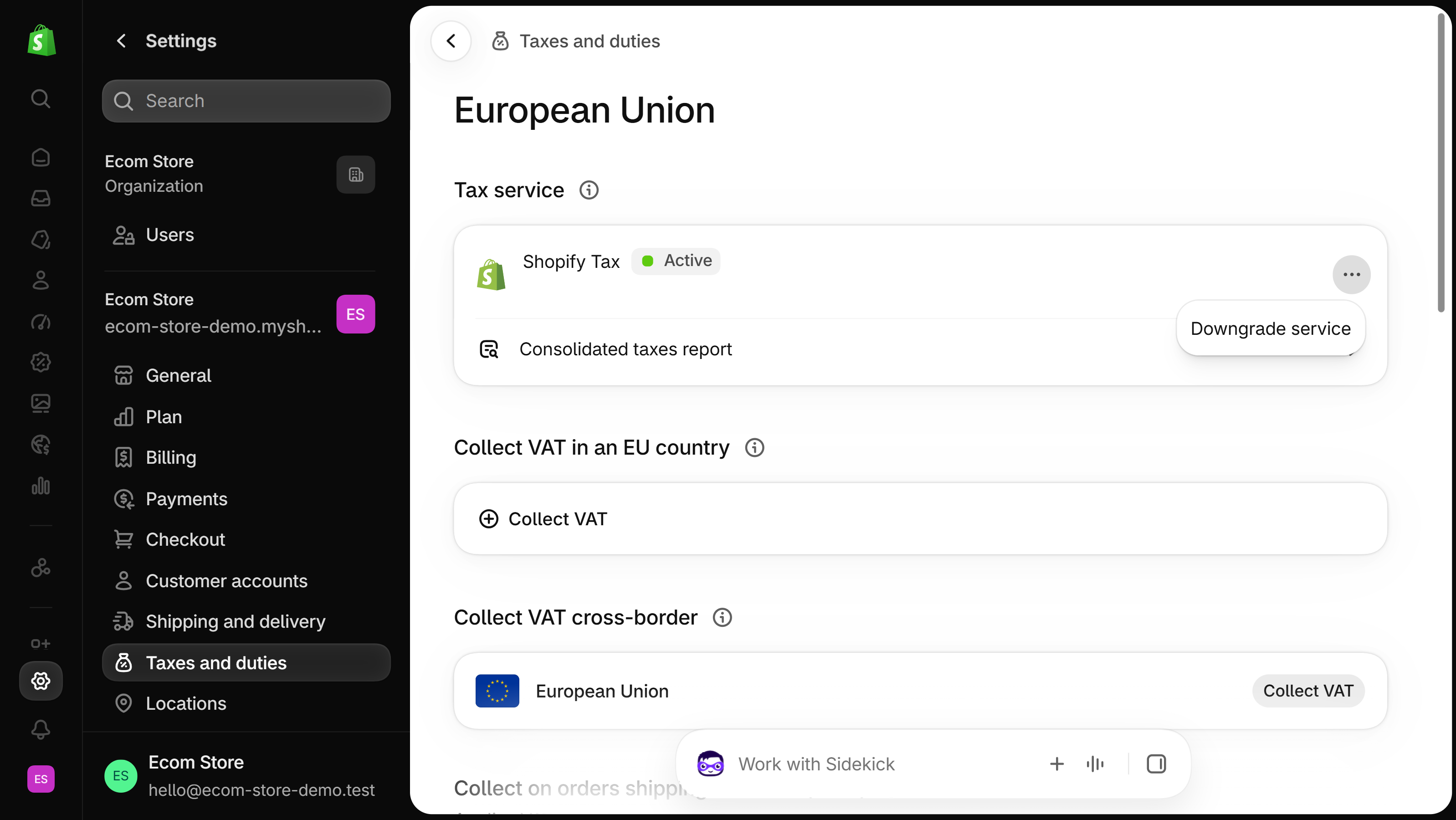 Shopify admin, Settings, Taxes and duties, European Union page: the Tax service card shows Shopify Tax as Active, and its menu is open with one option, Downgrade service