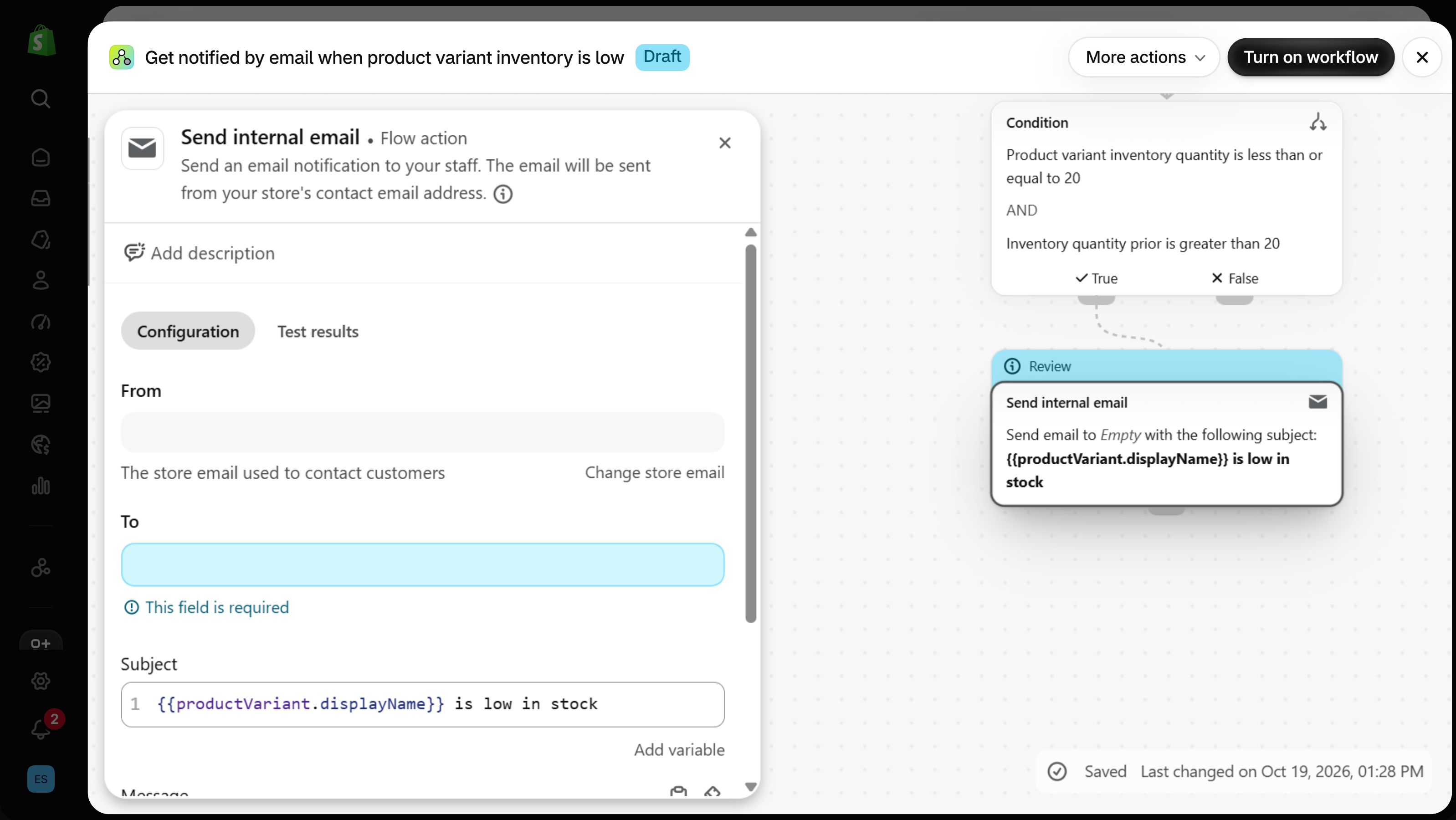 Flow editor with an installed template in Draft: a Review label above the Send internal email step, and the Send internal email panel showing From, an empty To field marked This field is required, and Subject, next to a Turn on workflow button