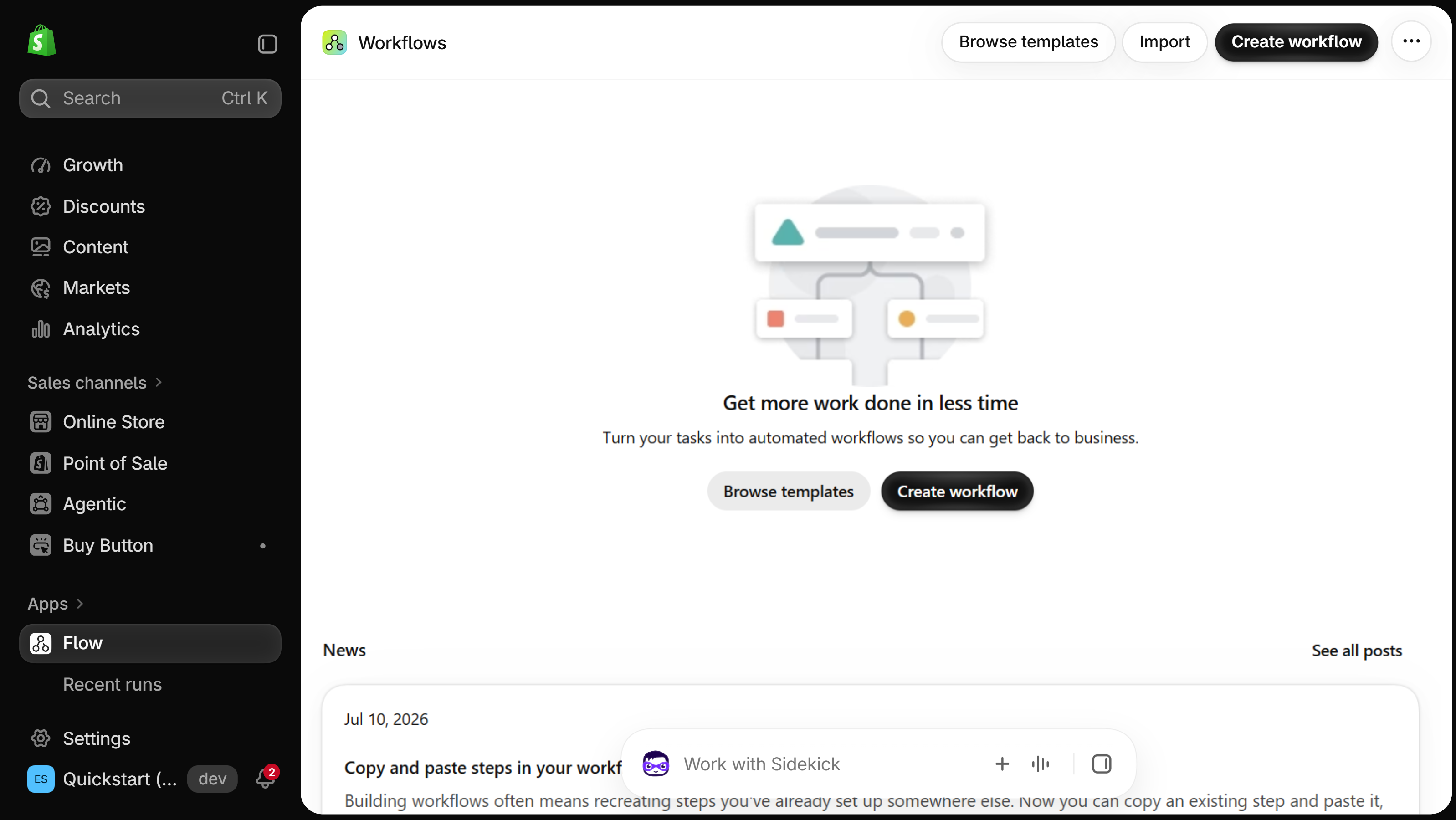 Shopify admin Apps, Flow page titled Workflows, with the Browse templates, Import and Create workflow buttons at the top, an empty-state panel below and Flow highlighted in the left menu