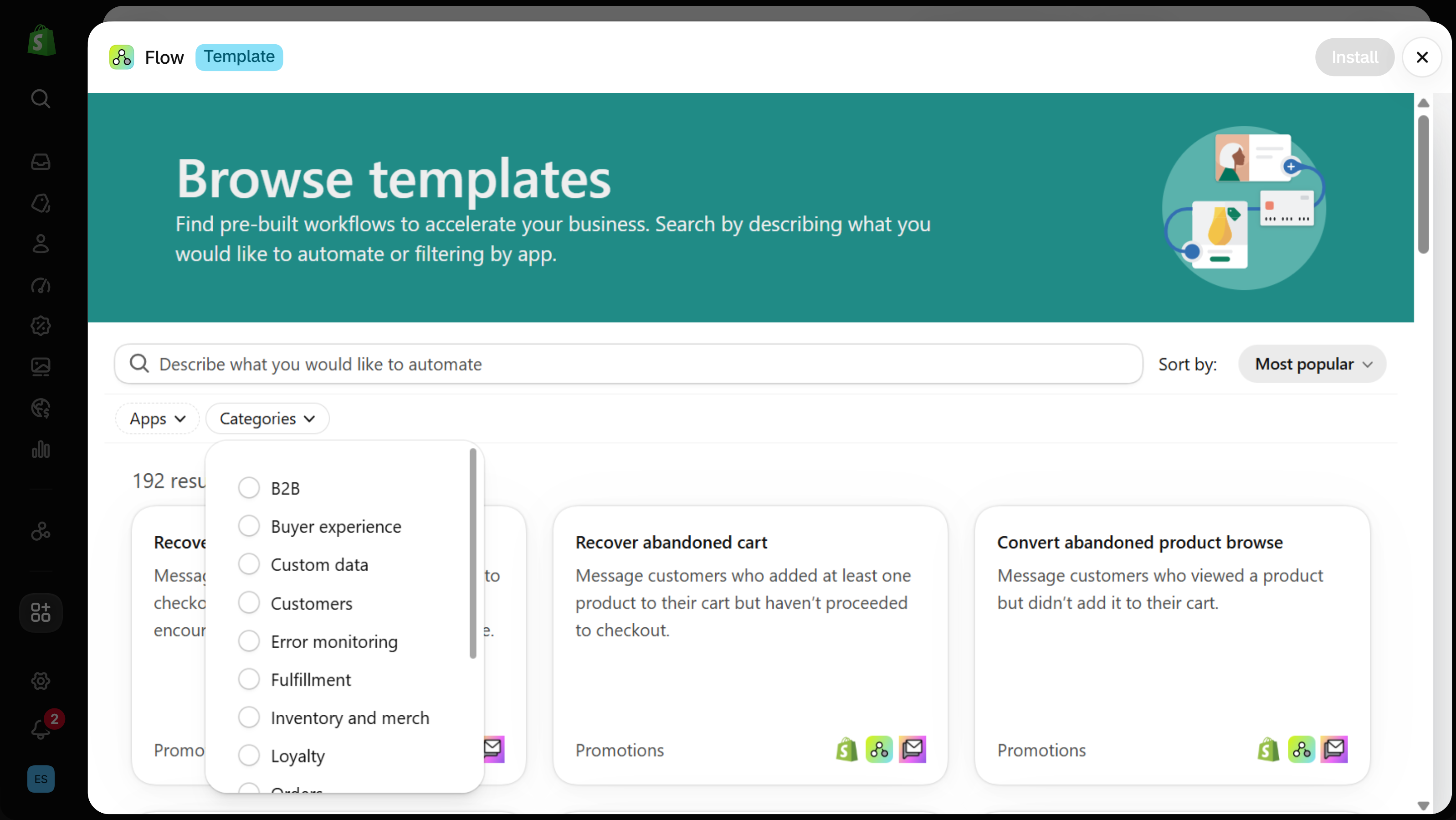 Flow Browse templates page with a search box, Apps and Categories filters, and the Categories list open showing B2B, Buyer experience, Custom data, Customers, Error monitoring, Fulfillment, Inventory and merch, Loyalty and Orders