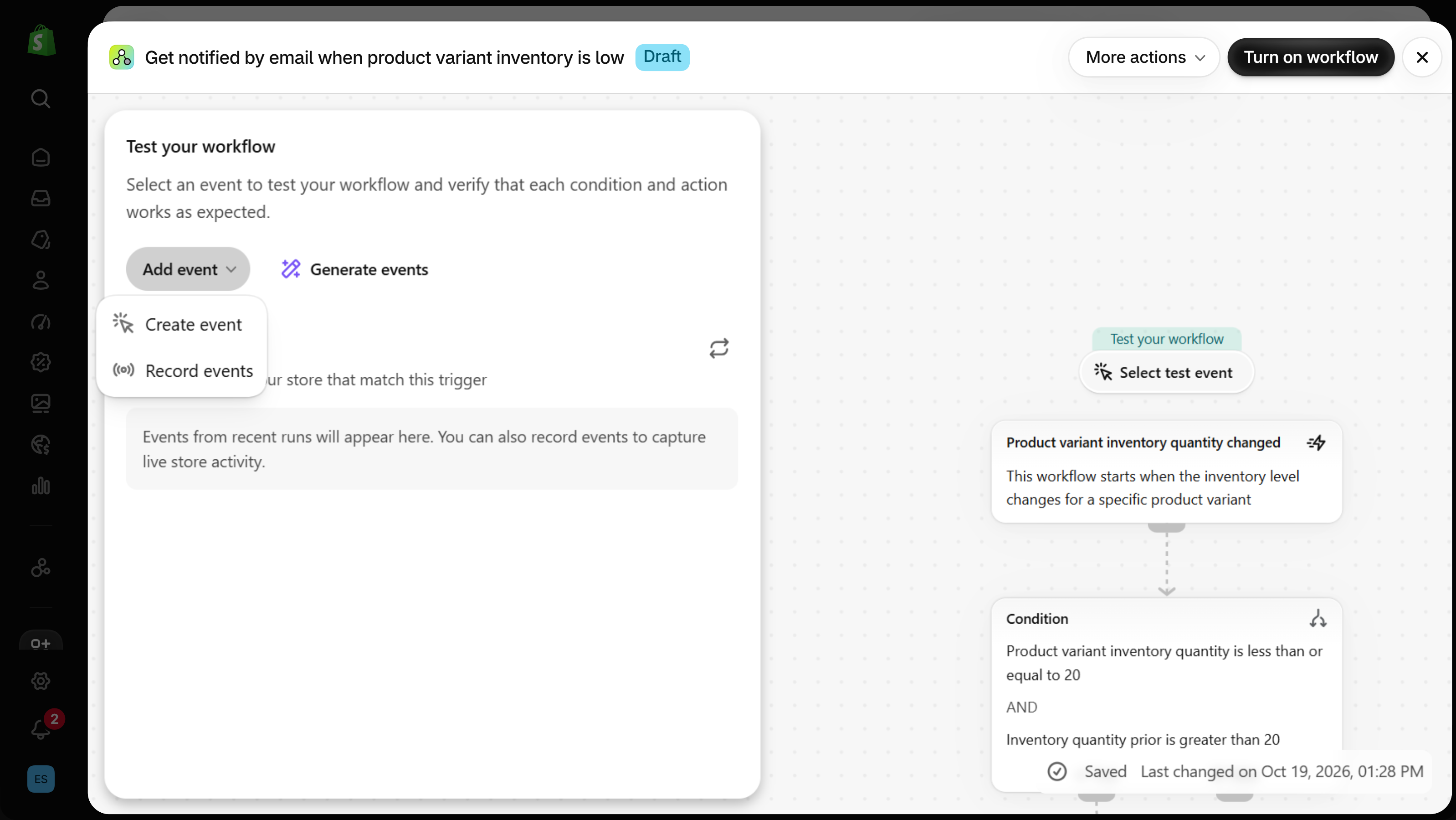 Flow editor Test your workflow panel with the Add event menu open showing Create event and Record events, a Generate events button, and an empty list that says events from recent runs will appear here