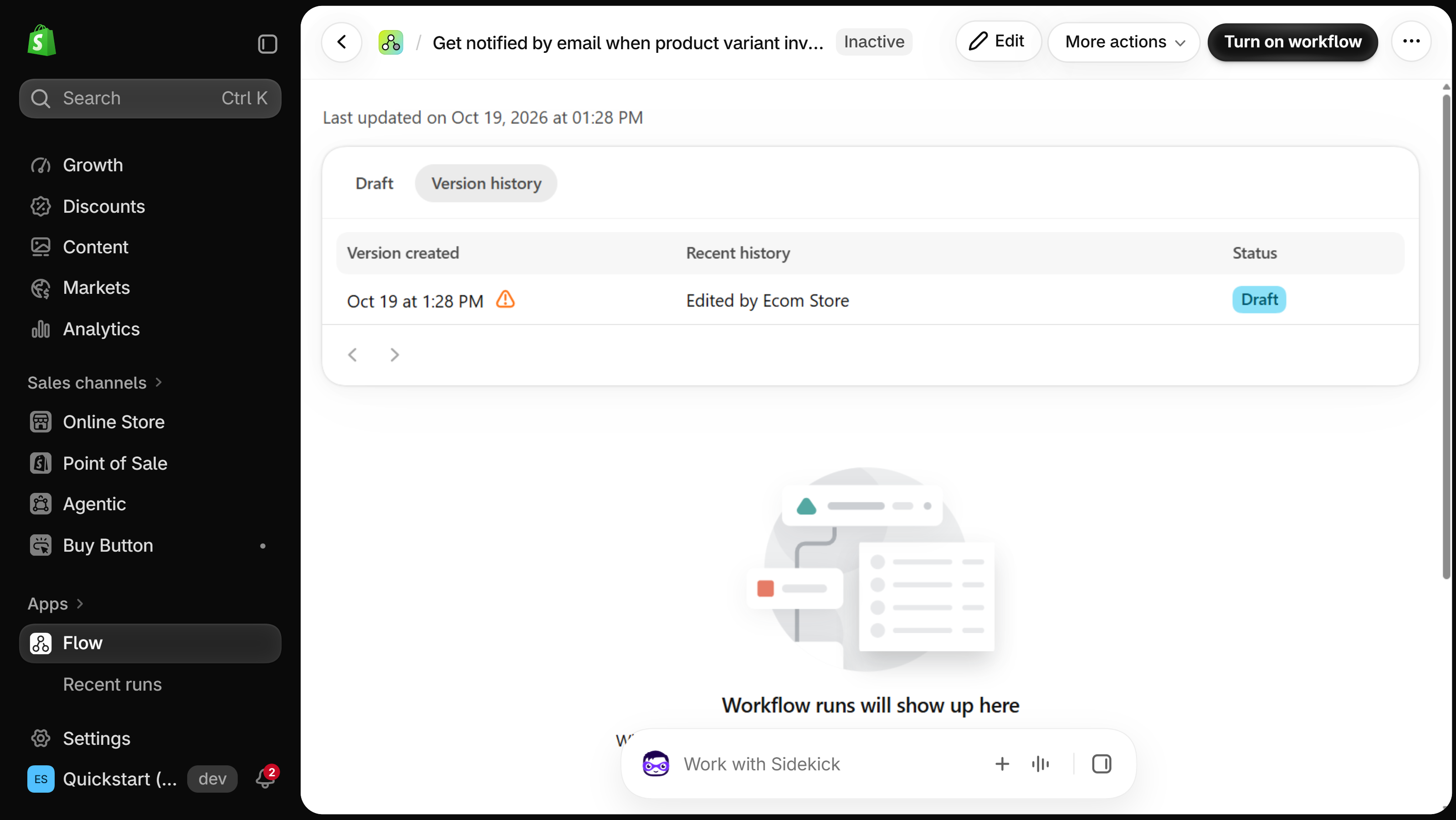 Flow workflow overview with the Draft and Version history tabs, Version history selected, and a table with the columns Version created, Recent history and Status listing one Draft version