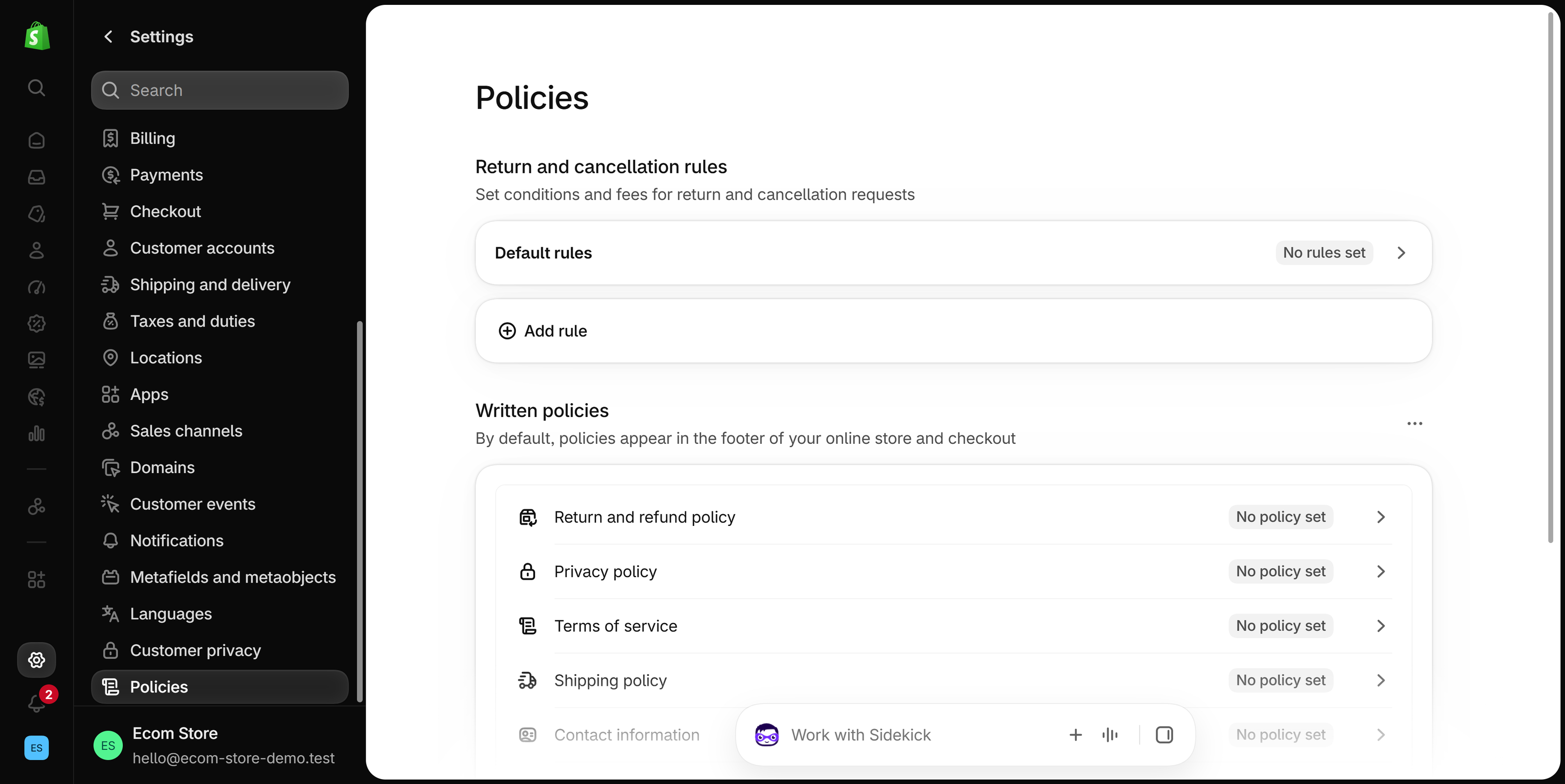 Shopify admin Settings, Policies page: Return and cancellation rules with Default rules and Add rule, then a Written policies list with Return and refund policy, Privacy policy, Terms of service and Shipping policy, each marked No policy set