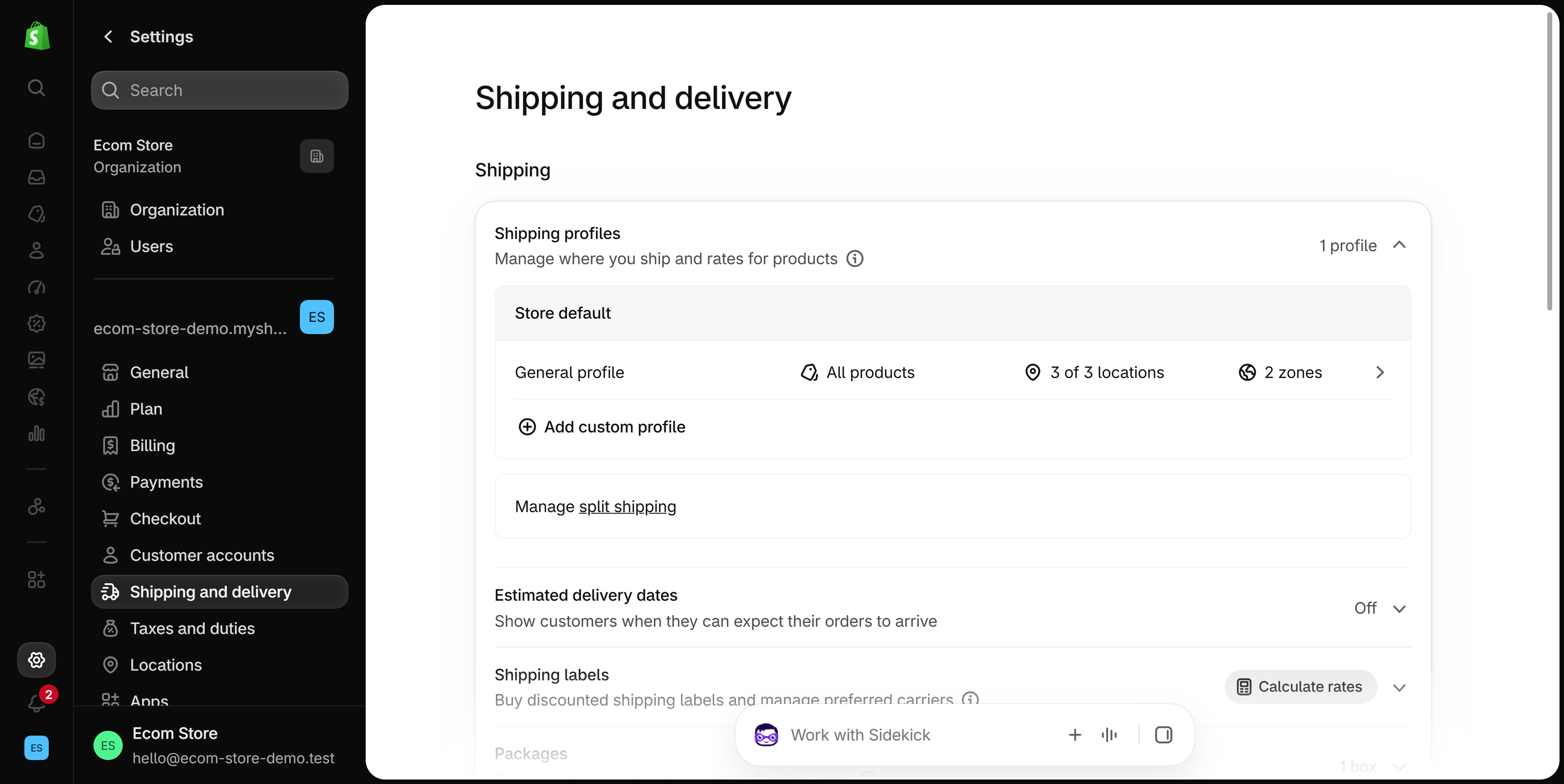 Shopify admin Settings, Shipping and delivery page: Shipping profiles with a Store default General profile covering all products, 3 of 3 locations and 2 zones, an Add custom profile link, then Estimated delivery dates set to Off and Shipping labels