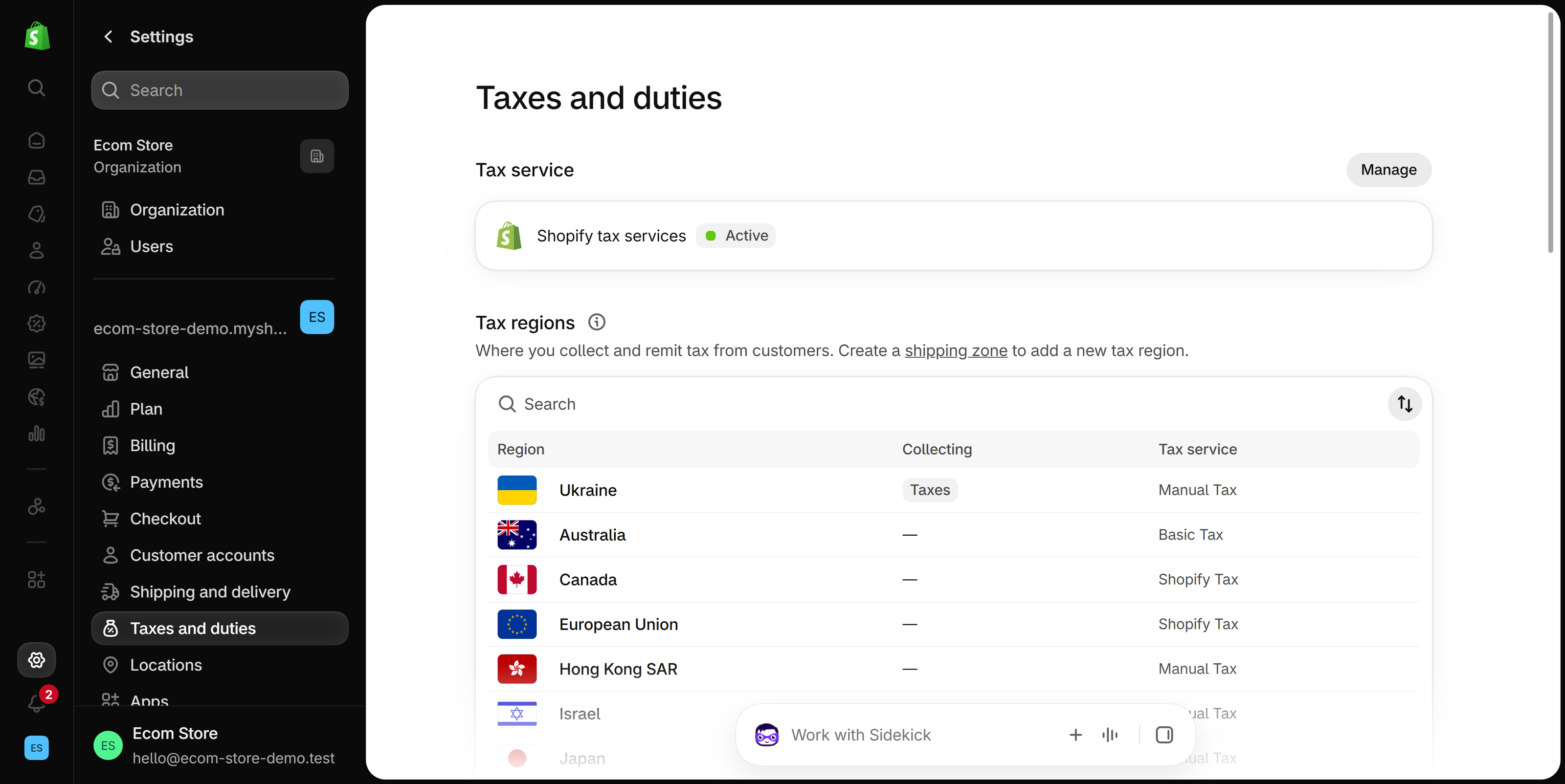 Shopify admin Settings, Taxes and duties page: Tax service shows Shopify tax services as Active, and a Tax regions table lists each region with whether taxes are collected and which tax service applies, such as Shopify Tax, Basic Tax or Manual Tax