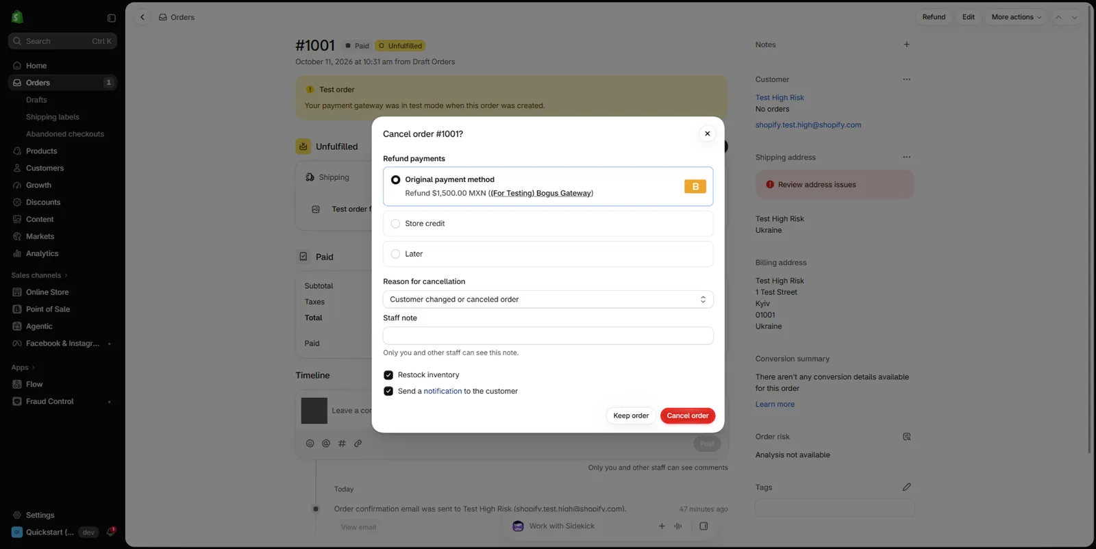 Shopify admin order page for test order 1001 with the Orders menu on the left and the Cancel order dialog open: Refund payments options for the original payment method, store credit or Later, a Reason for cancellation menu, a staff note field, checked Restock inventory and Send a notification to the customer boxes, and Keep order and Cancel order buttons