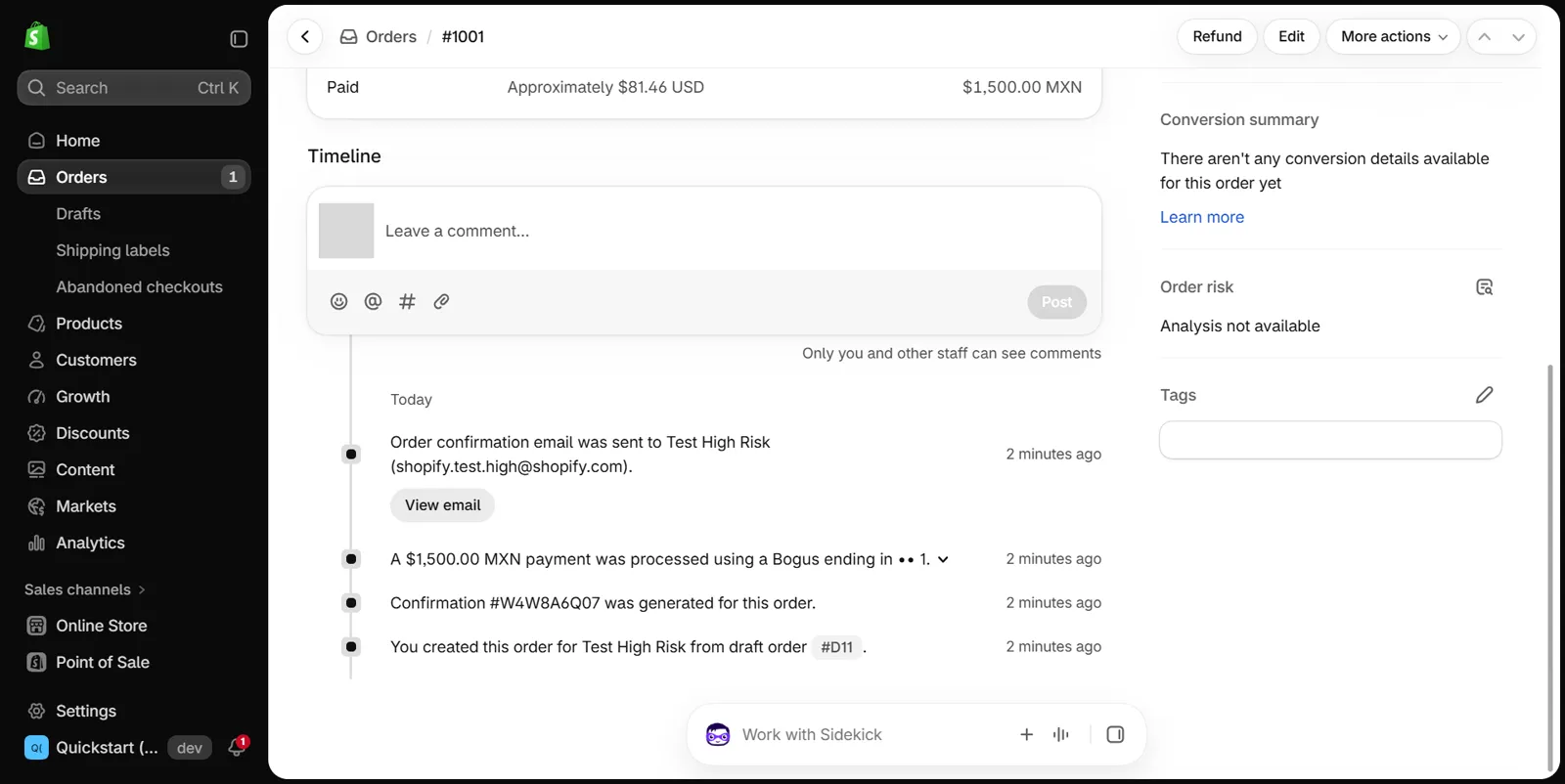 Shopify admin order page for test order 1001: the Orders menu on the left, the order timeline showing a payment processed through the Bogus test gateway and an order created from a draft order, and in the right column an Order risk card reading Analysis not available