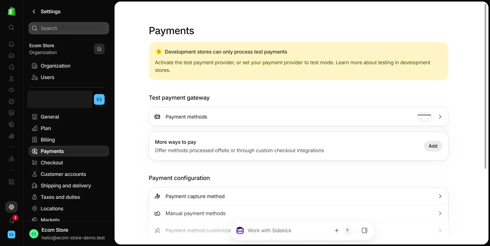 Shopify admin Payments settings page: the settings menu on the left with Payments selected, a yellow banner reading Development stores can only process test payments, a Test payment gateway section, and under Payment configuration the rows Payment capture method and Manual payment methods