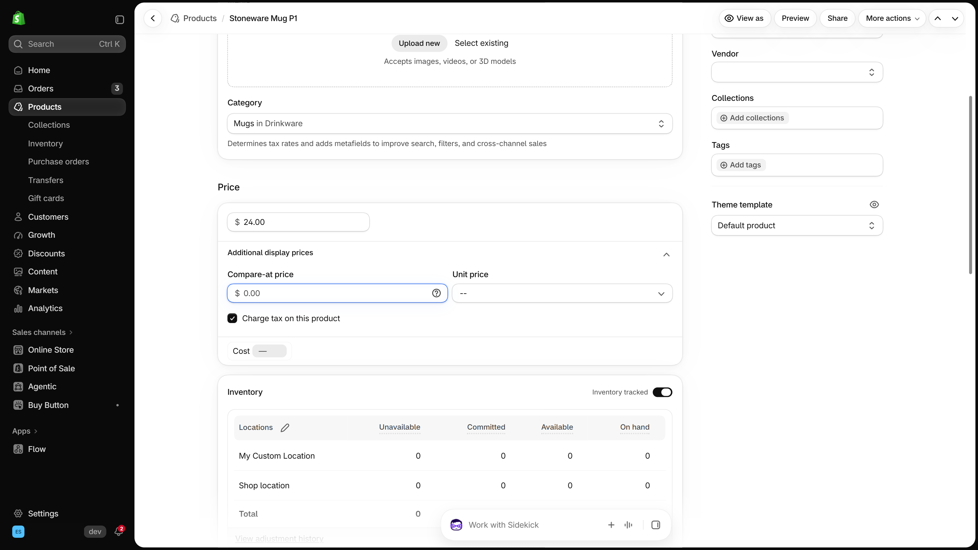 Shopify admin product page, Price card with Price, Compare-at price and unit price fields and a ticked Charge tax on this product checkbox