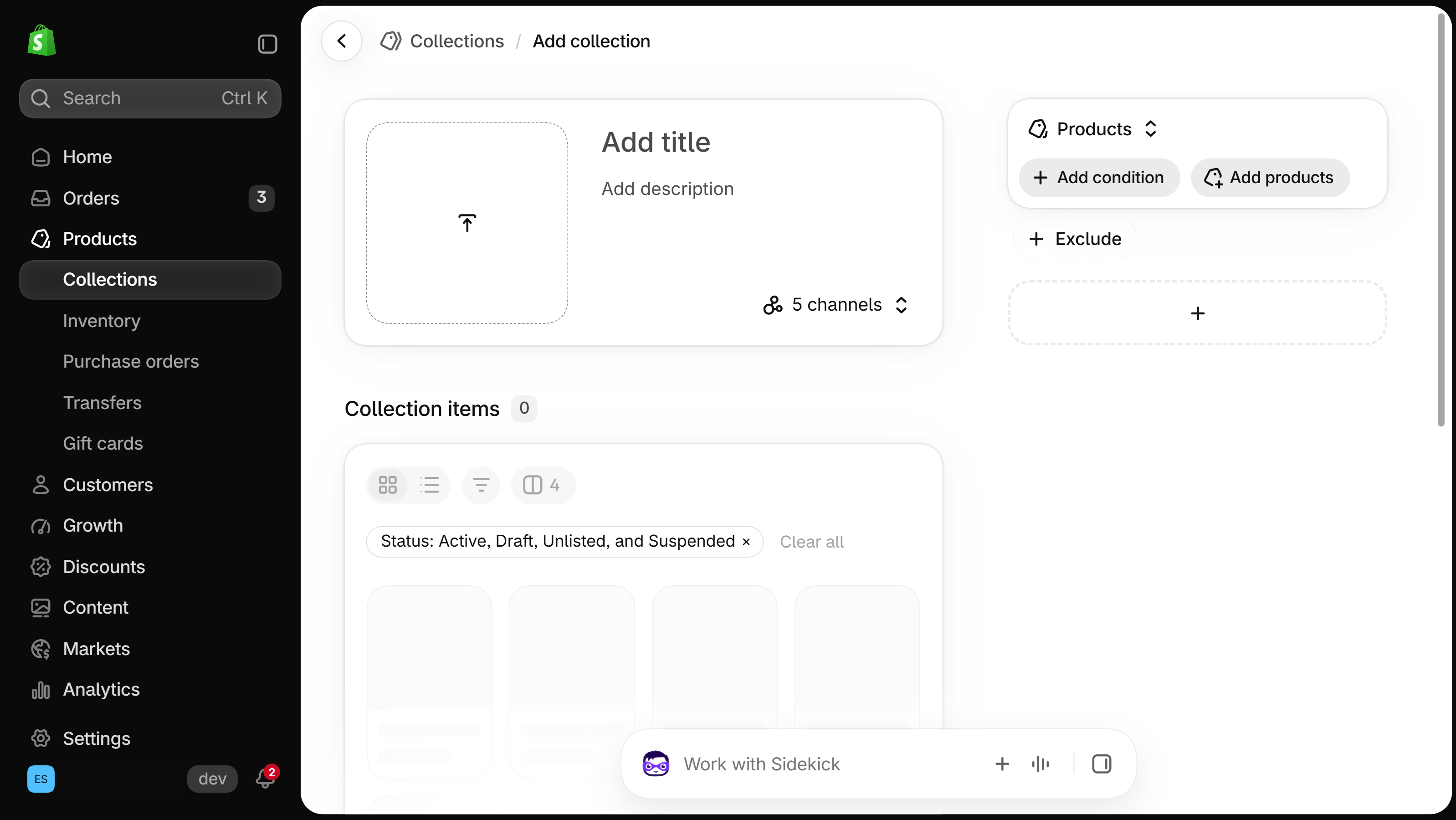 Shopify admin new collection form with a Products card offering two buttons, Add condition and Add products, and zero collection items