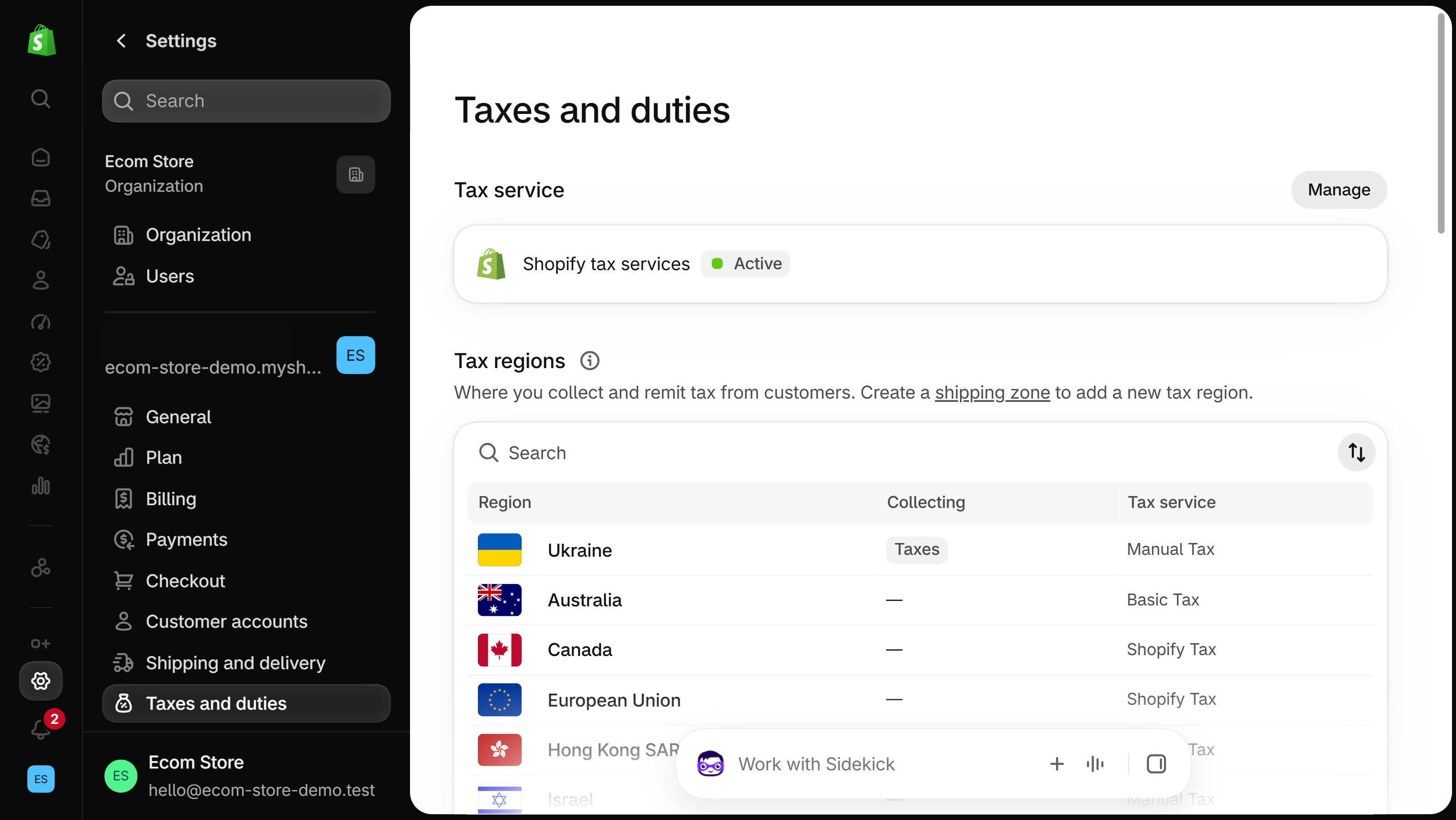 Shopify admin Settings, Taxes and duties page: a Tax service card and a Tax regions list of countries with the hint Create a shipping zone to add a new tax region